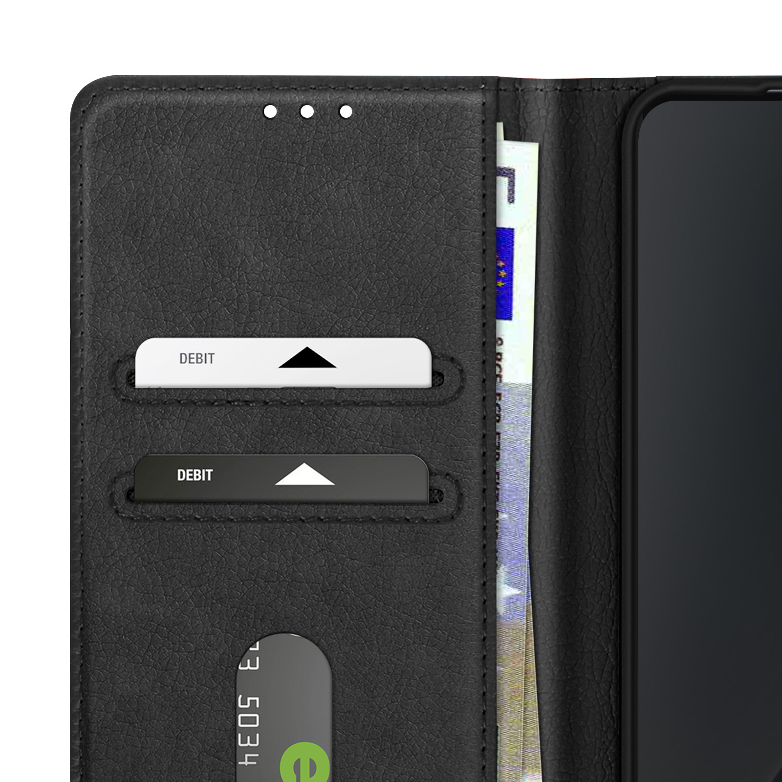 Primo piano di una custodia per telefono nera. Mostra le carte negli slot. Banconota in euro all'interno.