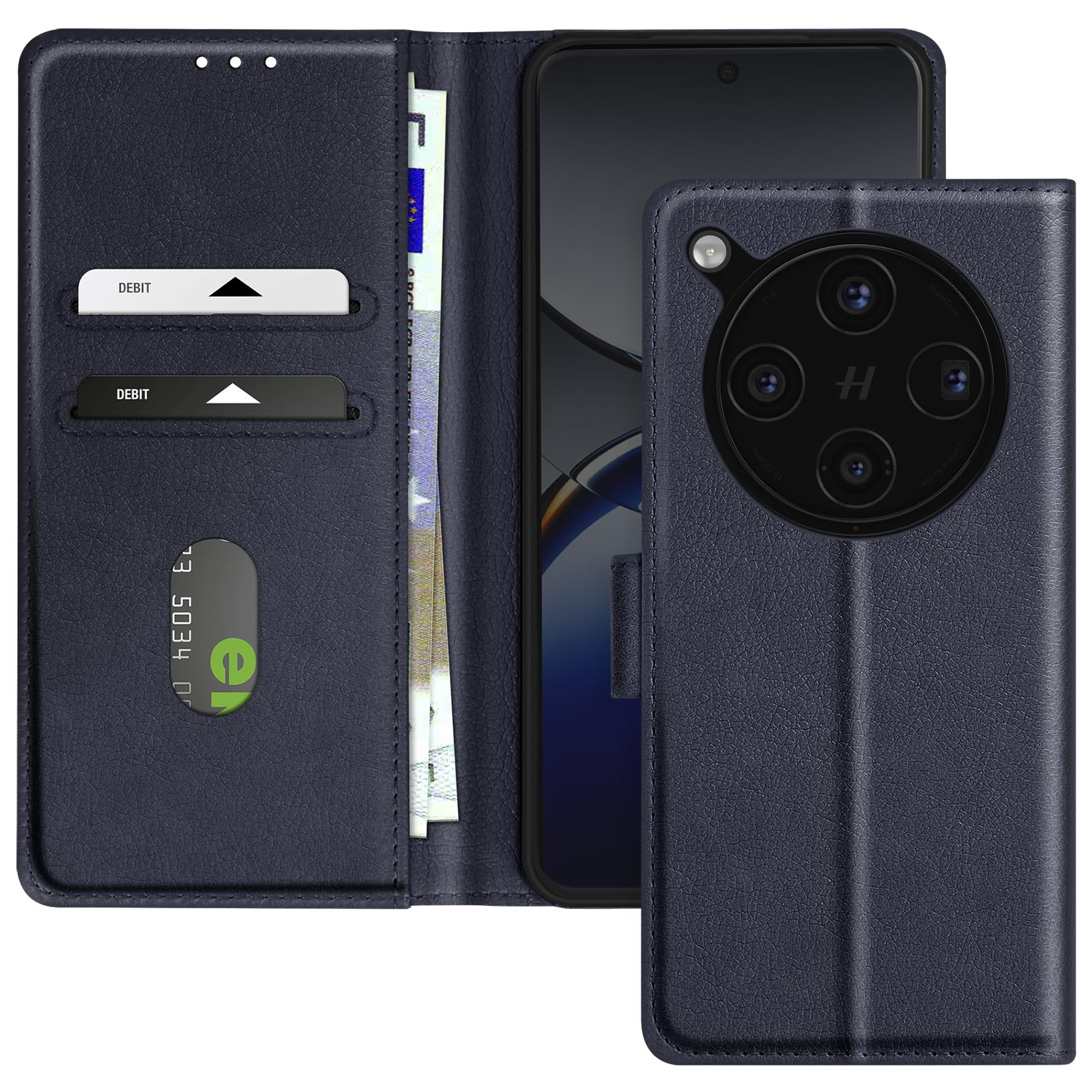Funda de teléfono azul marino, abierta con tarjetas, dinero y teléfono. Módulo de cámara.