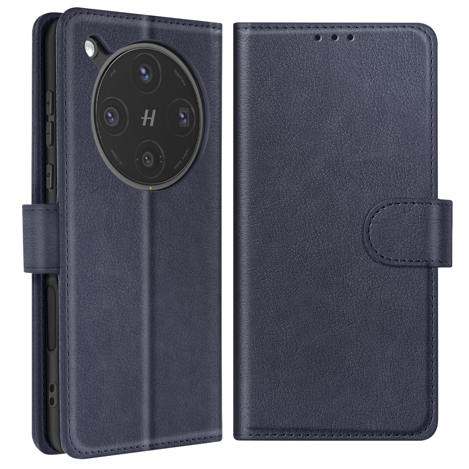 Funda para teléfono azul oscuro. Recorte de teléfono, aspecto de cuero, cierre magnético. Fondo gris.
