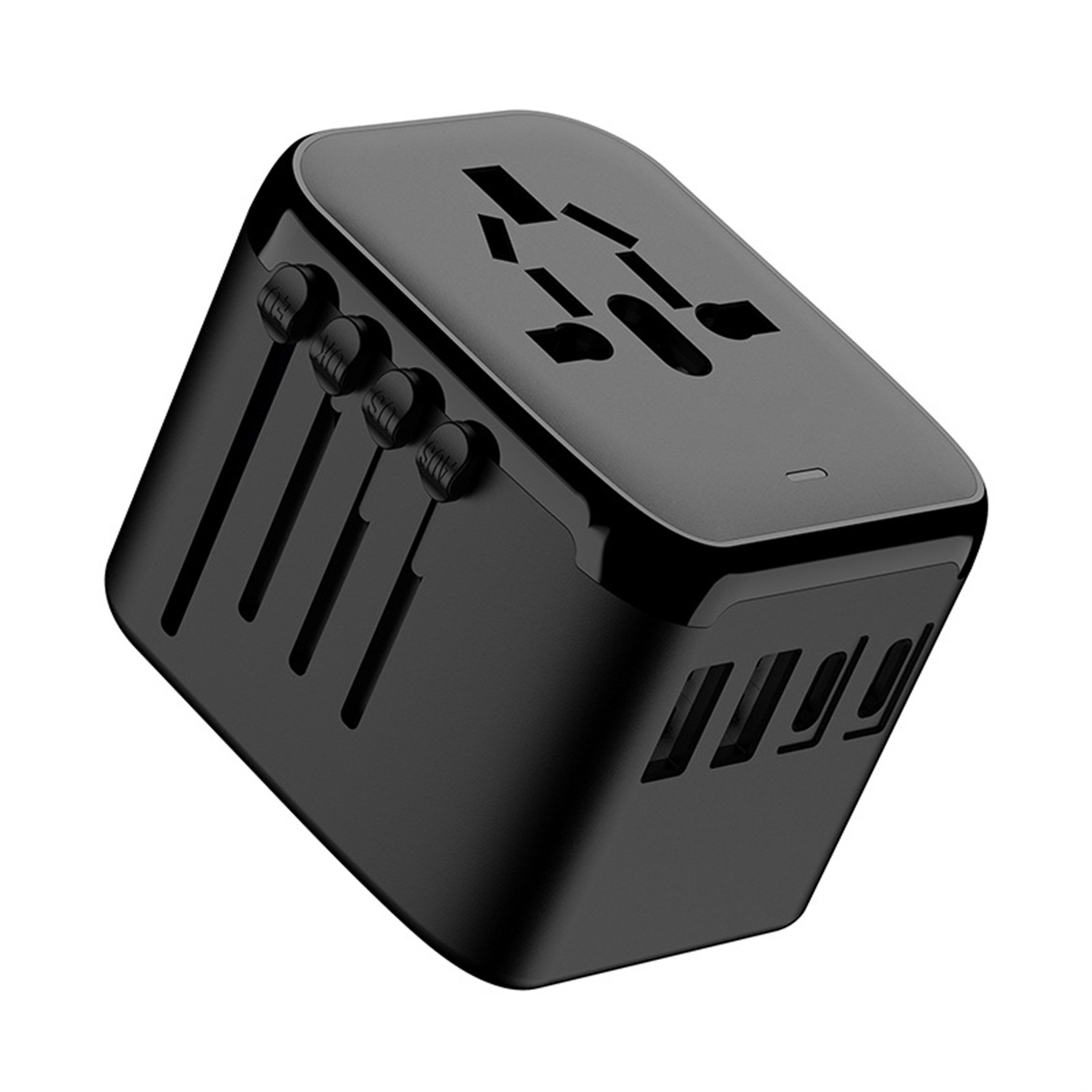 Schwarzer Universal-Reiseadapter mit mehreren Steckdosen und USB-Anschlüssen. Schräge Ansicht.