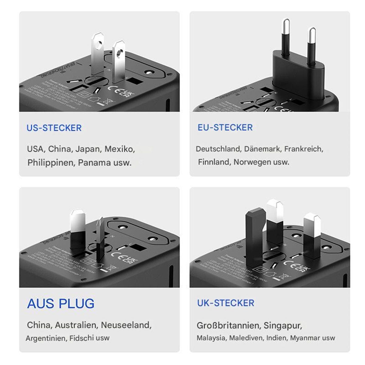 Vier Reiseadapter-Stecker mit Ländernamen. US-, EU-, AUS- und UK-Stecker werden gezeigt.