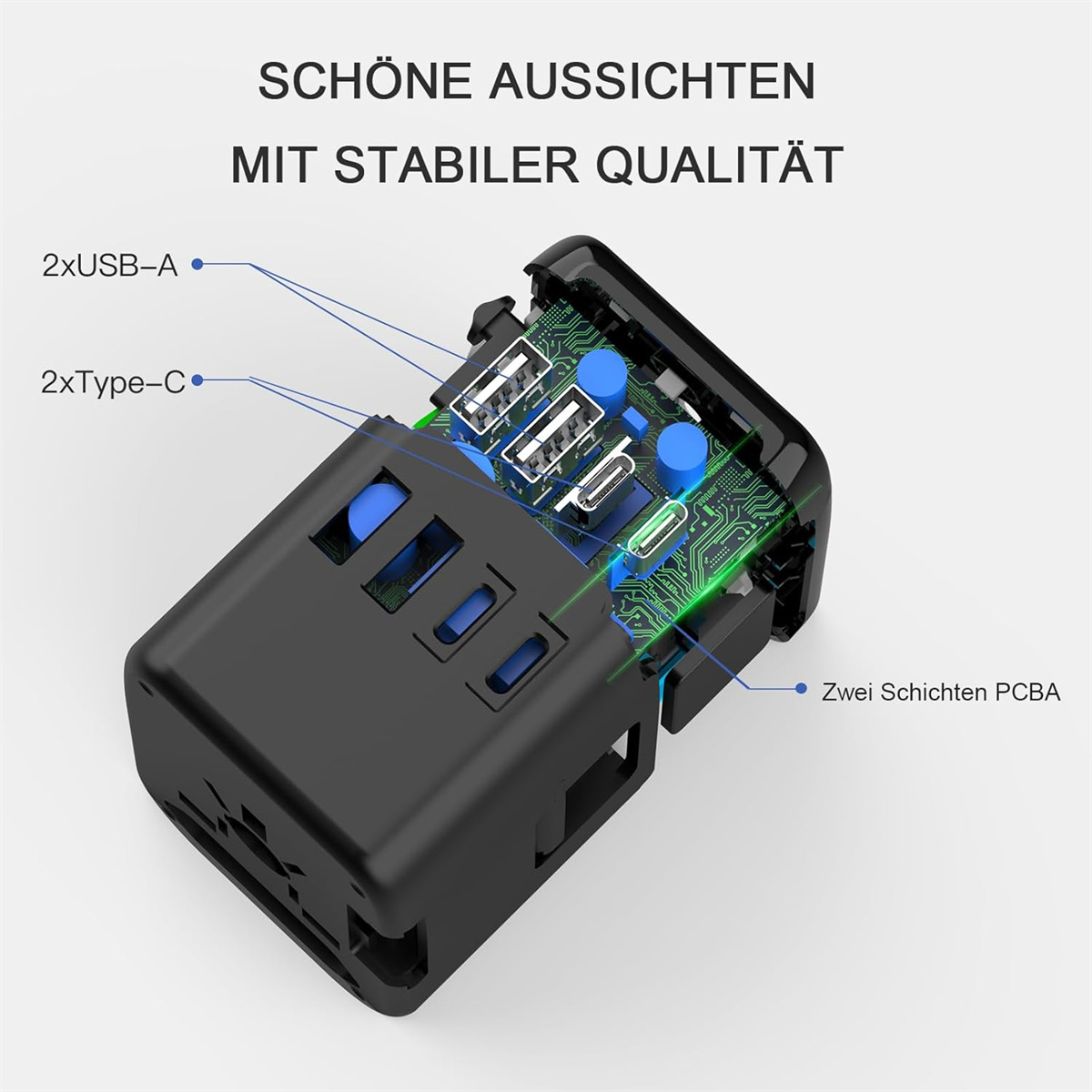 Schwarzer Universal-Reiseadapter, Schnittansicht, die USB- und Stecker-Innenleben zeigt.