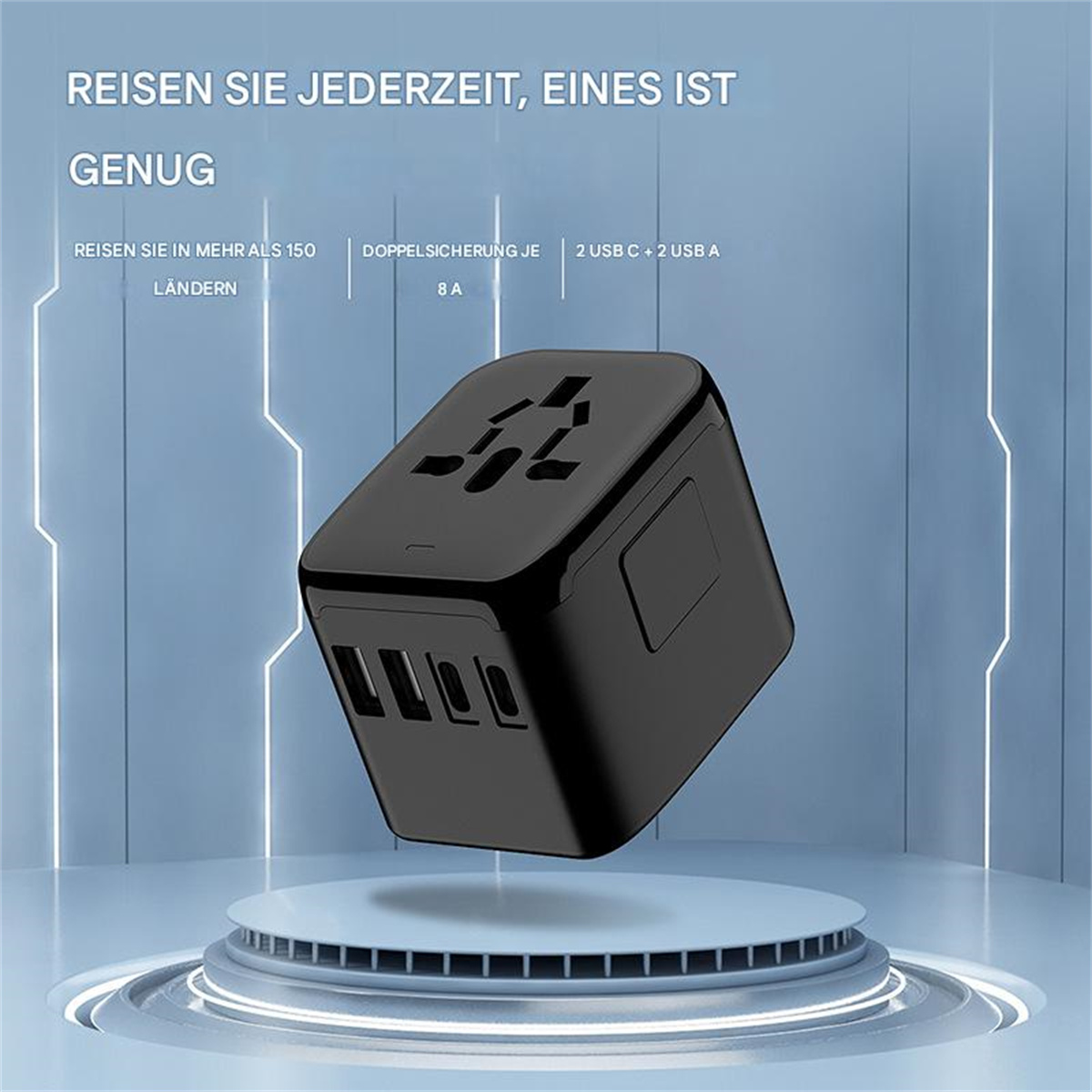 Schwarzer Reiseadapter auf einem Ständer. Text: Reisen in 150+ Ländern, 2 USB, 2 USB-C-Anschlüsse.