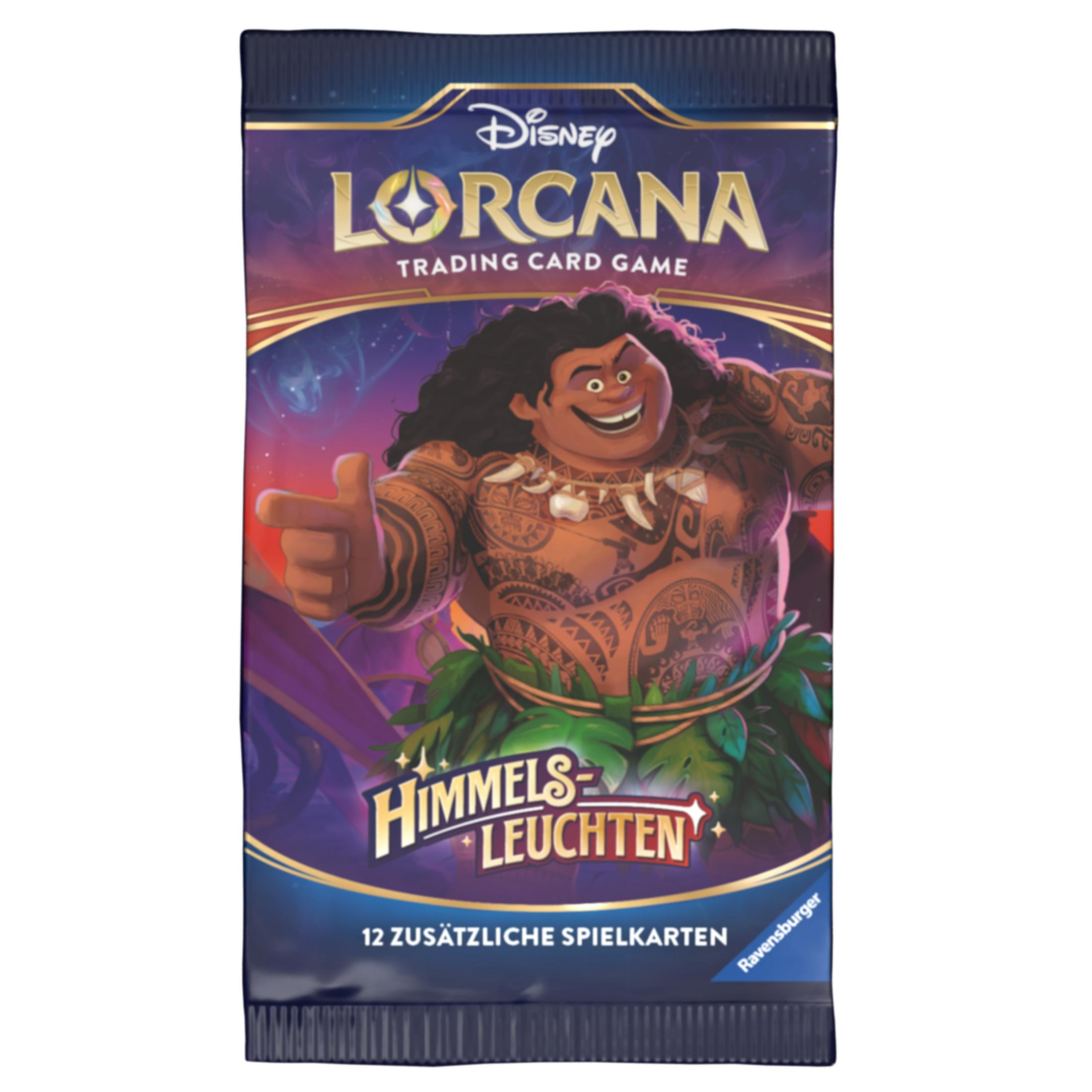Ein Disney Lorcana Trading Card Game Booster Pack mit Maui auf der Vorderseite. Der Hintergrund ist Weltraum.