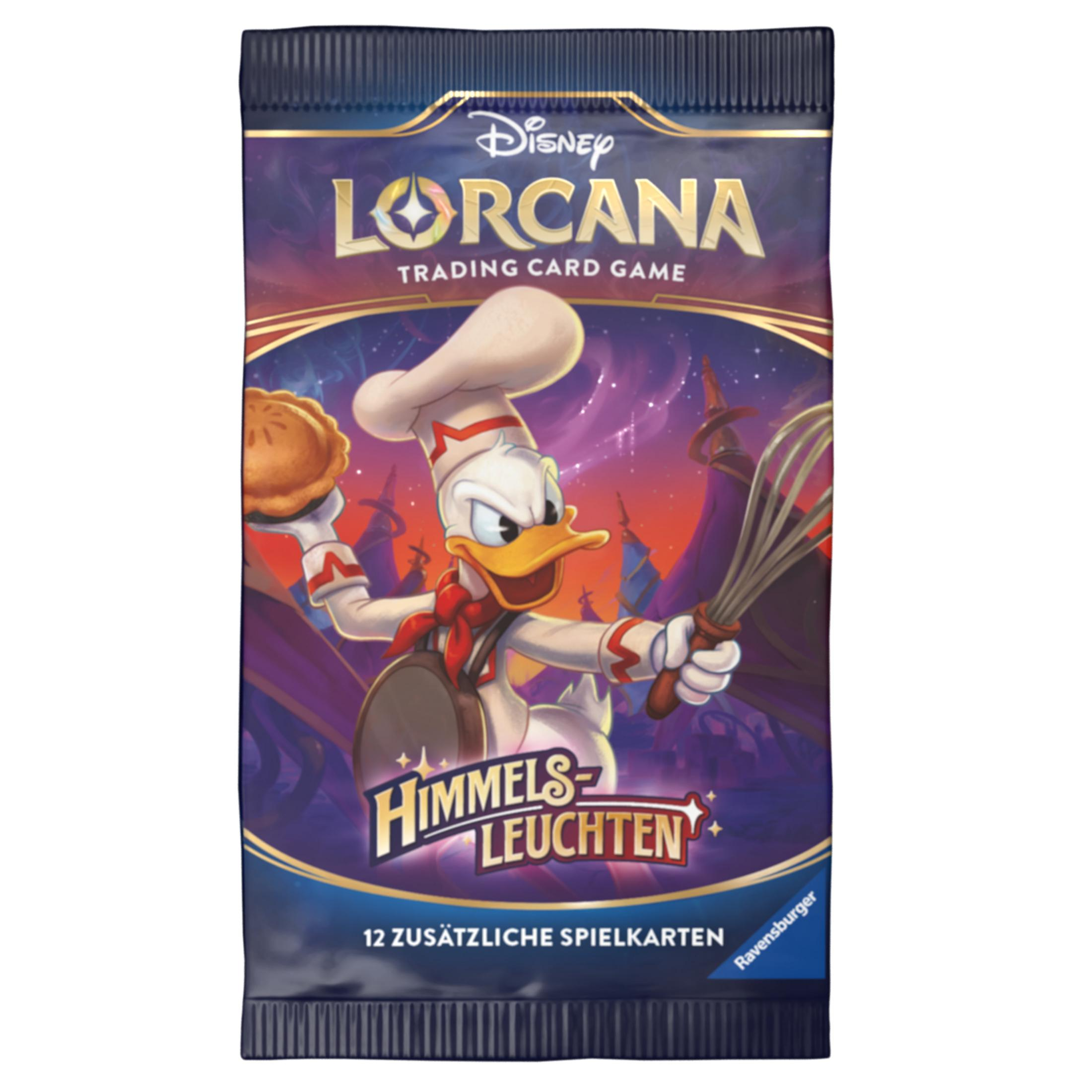 Ein Disney Lorcana Trading Card Game Booster Pack mit Donald Duck auf der Vorderseite. Weltraumhintergrund.