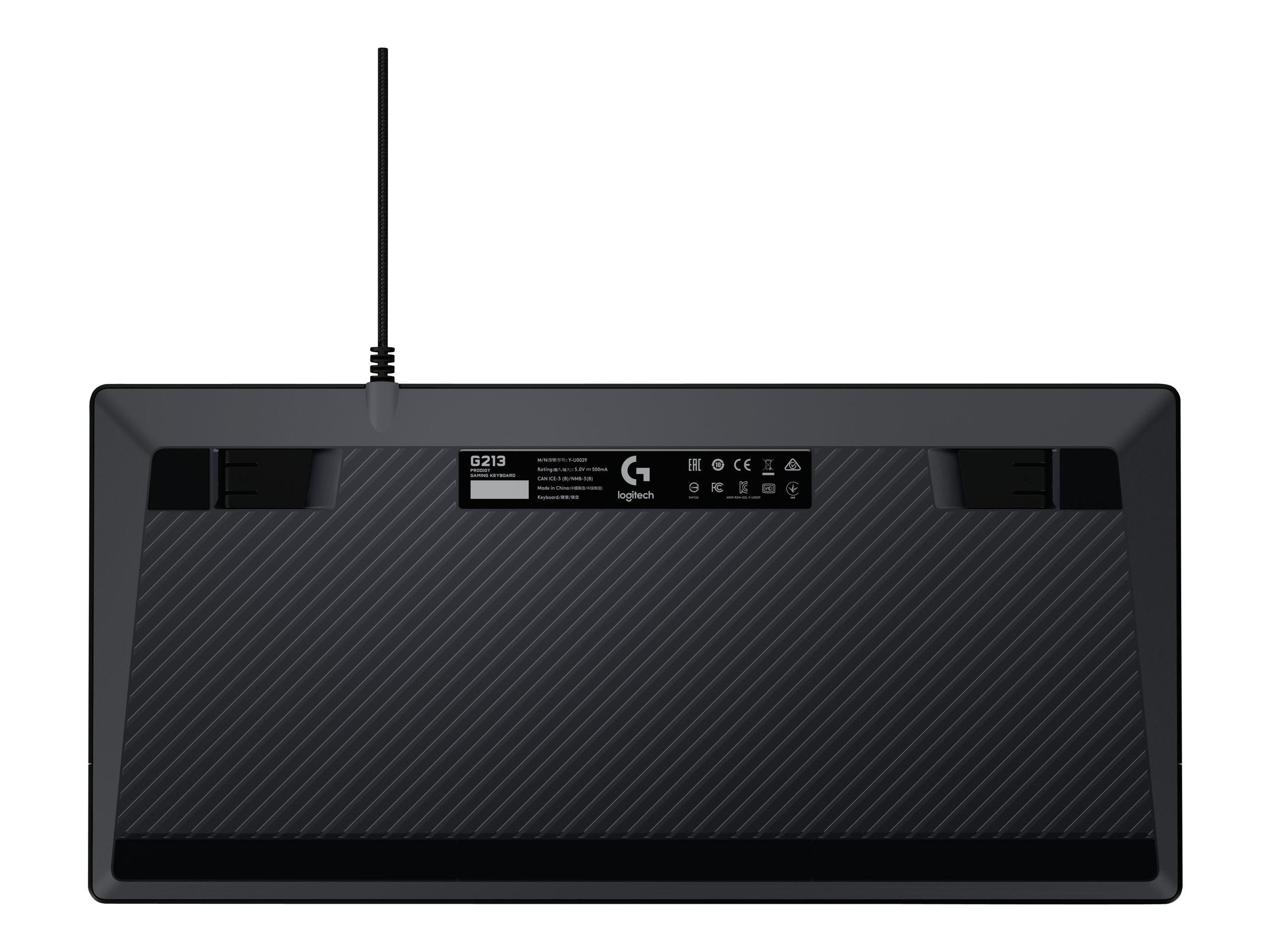 Achteraanzicht van het Logitech G213-toetsenbord, met de onderkant met productdetails.