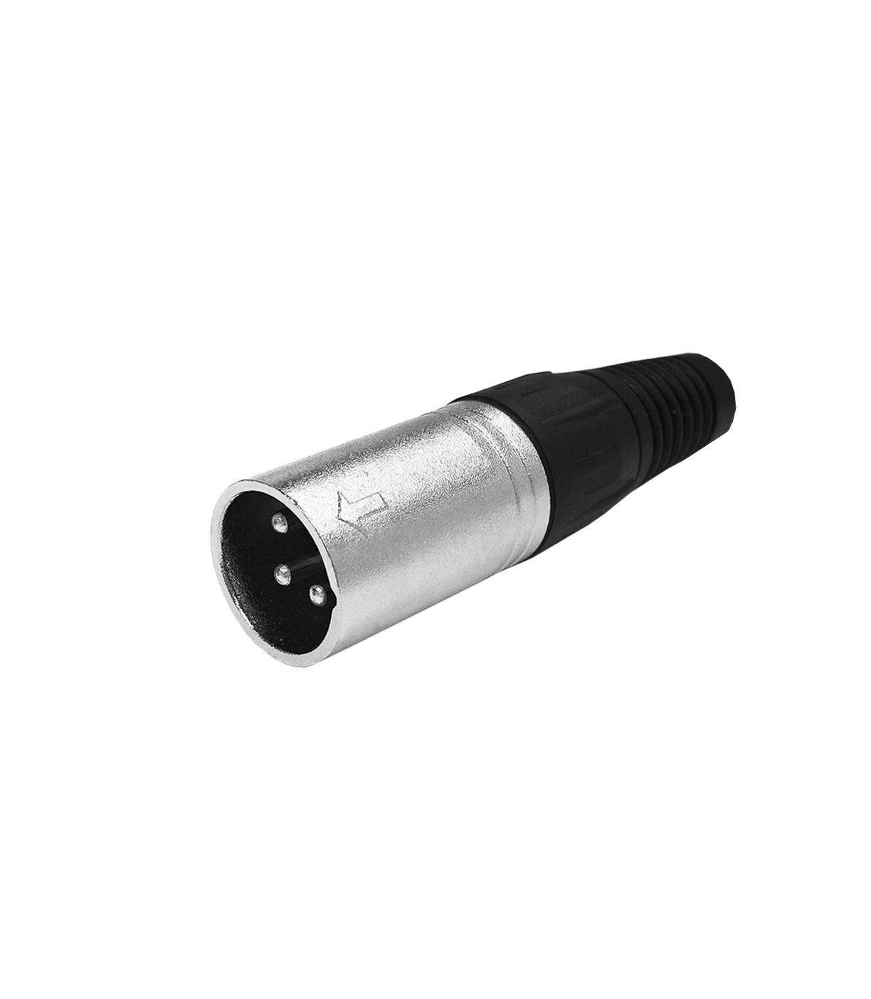 Connettore XLR argentato con estremità in gomma nera. Tre pin visibili. Sfondo bianco.