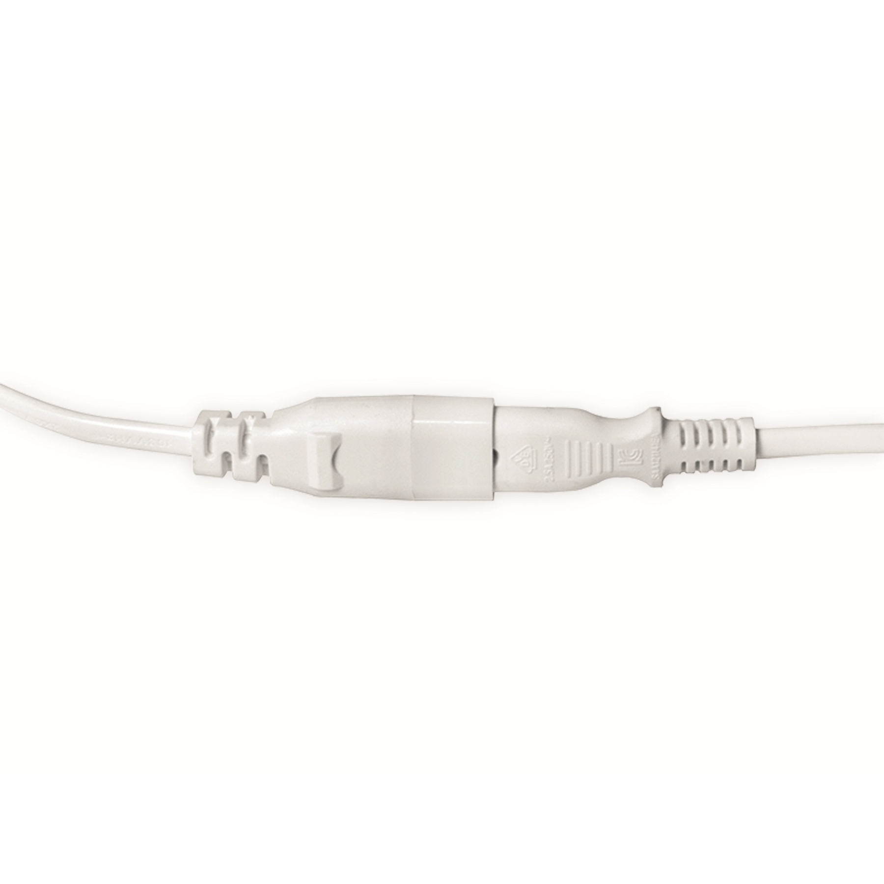 White power extension cable. Male and female connectors are connected. White background.