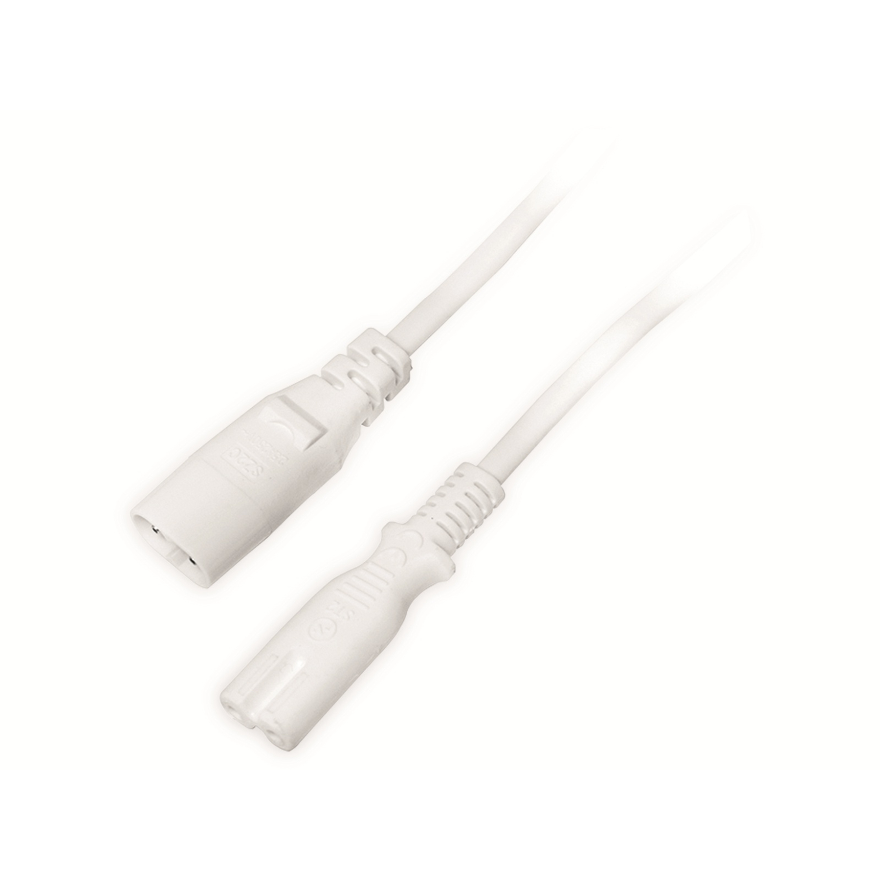 White power cable with two female connectors. White background.