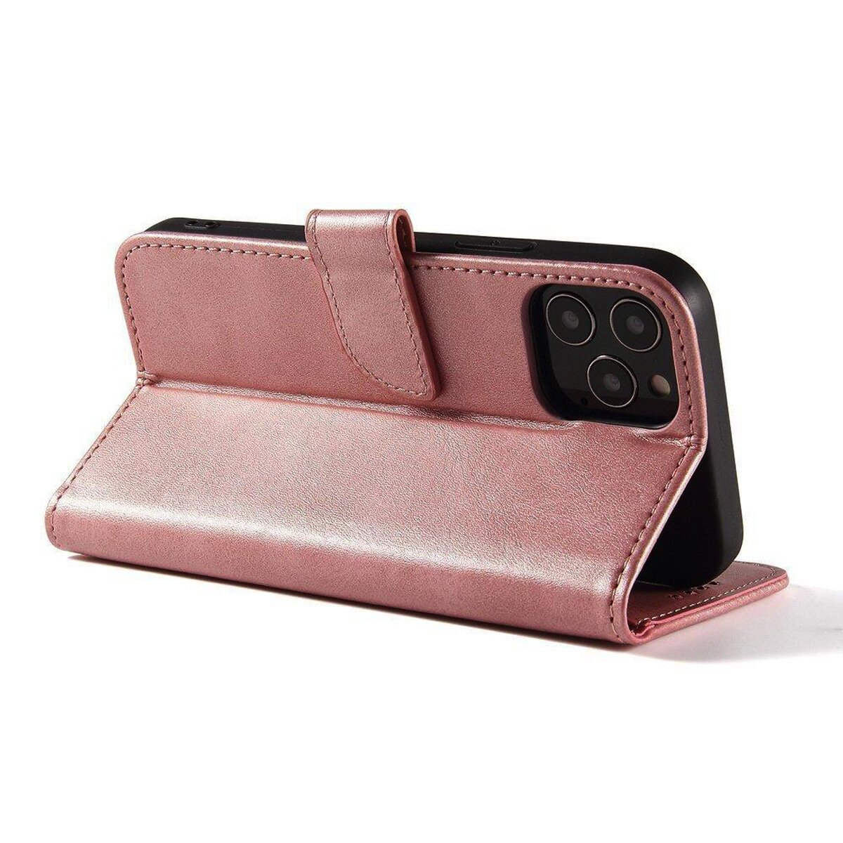 Geöffnete rosa Leder-Handyhülle, die ein schwarzes Telefon hochhält. Magnetverschluss sichtbar.