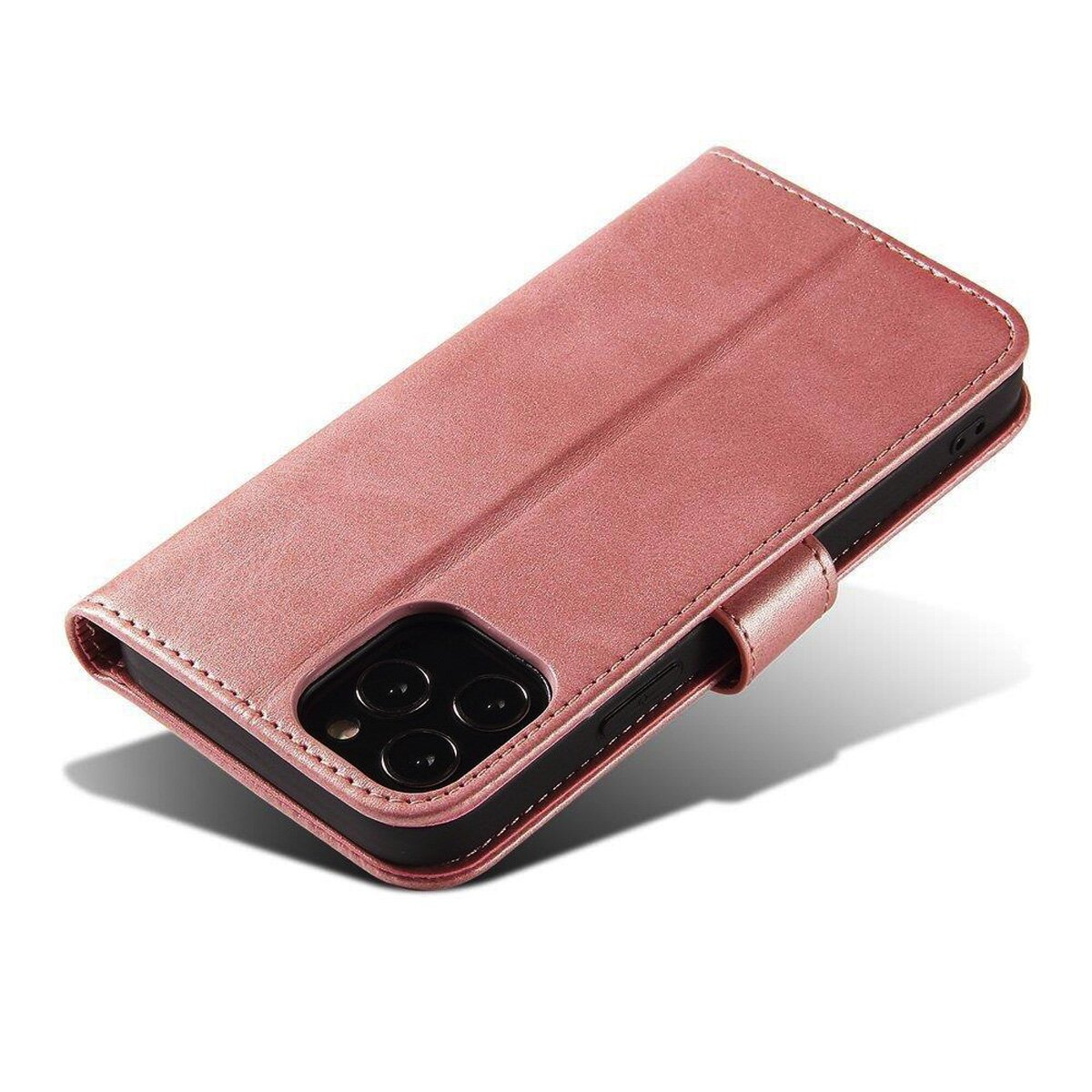 Rosa Leder-Handyhülle mit Steppnähten und Magnetverschluss, abgewinkelt. Schwarzes Telefon sichtbar.