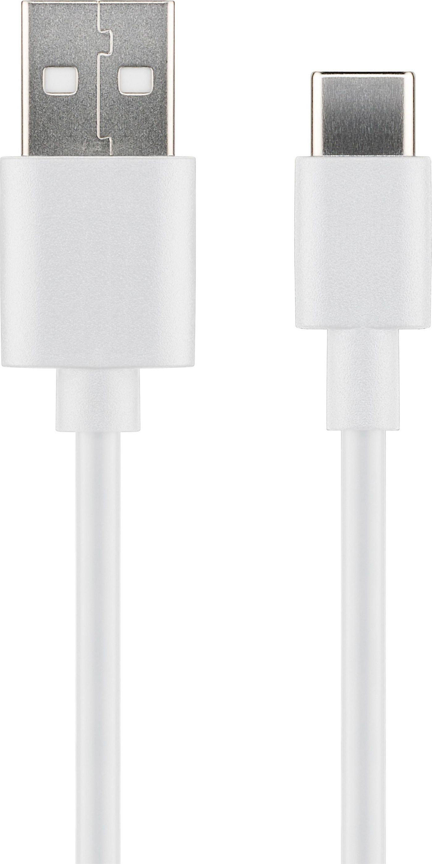 Cavo da USB a USB-C bianco, connettori a ciascuna estremità. Sfondo bianco semplice.