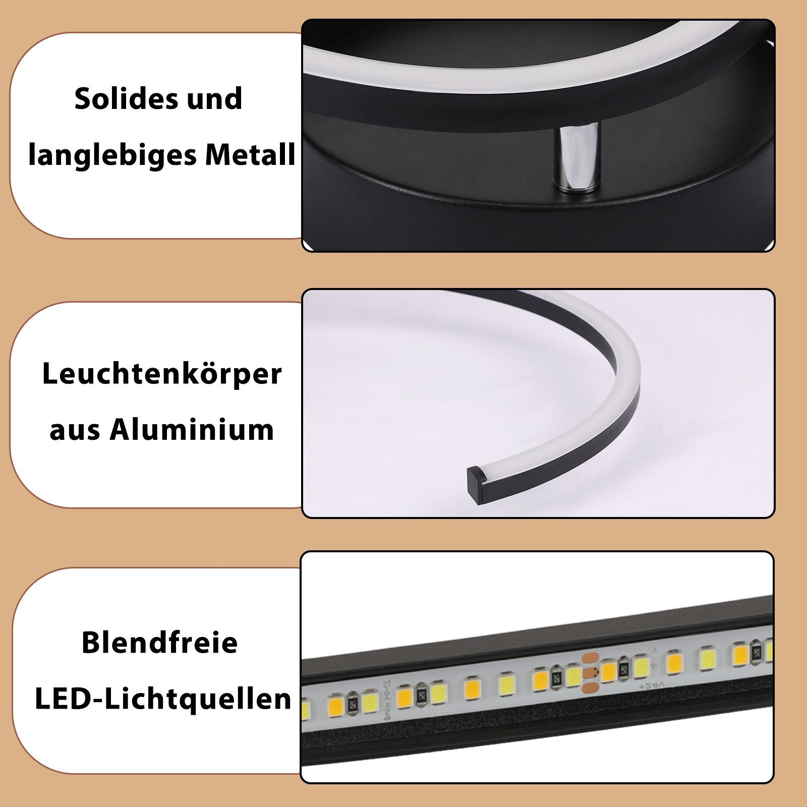 Nahaufnahme von Lampenteilen: Metallsockel, Aluminiumkörper und LED-Leuchten.