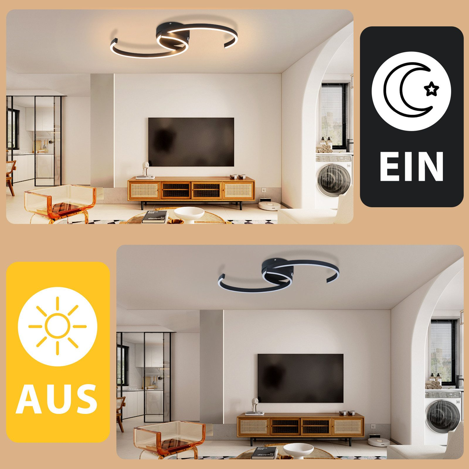 Moderne Deckenleuchte mit TV, weißer Hintergrund.