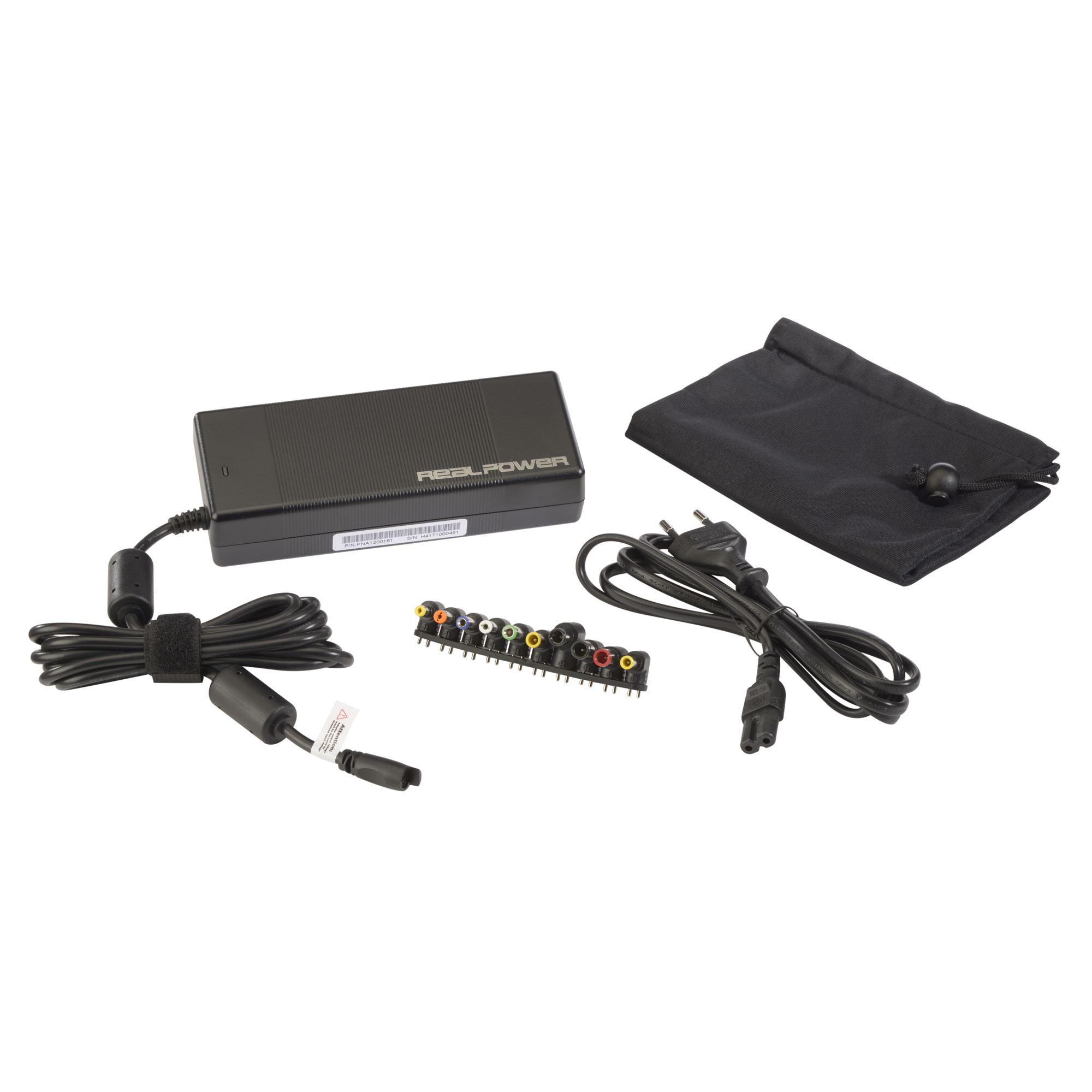 A black REALPOWER power adapter kit with cables, plugs, and a pouch.