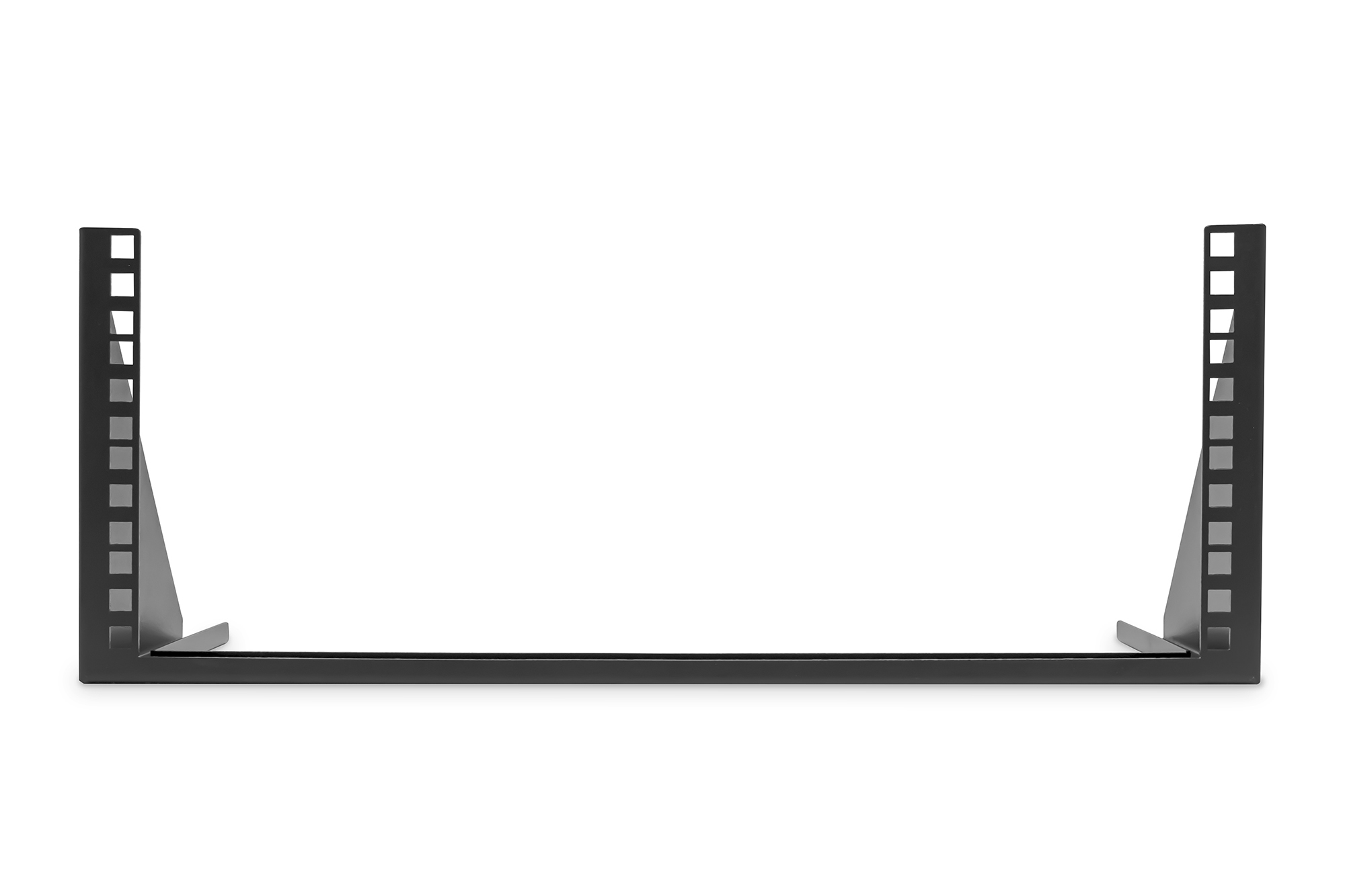 Czarna metalowa półka rack na białym tle. Otwory znajdują się po bokach.