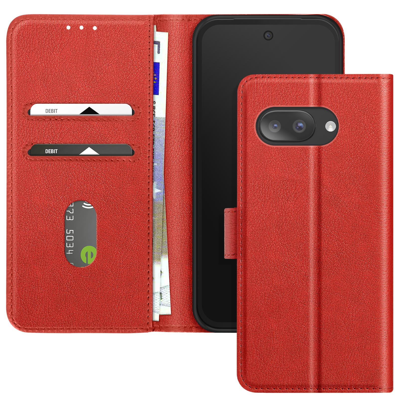 Custodia rossa per telefono con carte e denaro all'interno e un telefono nero.