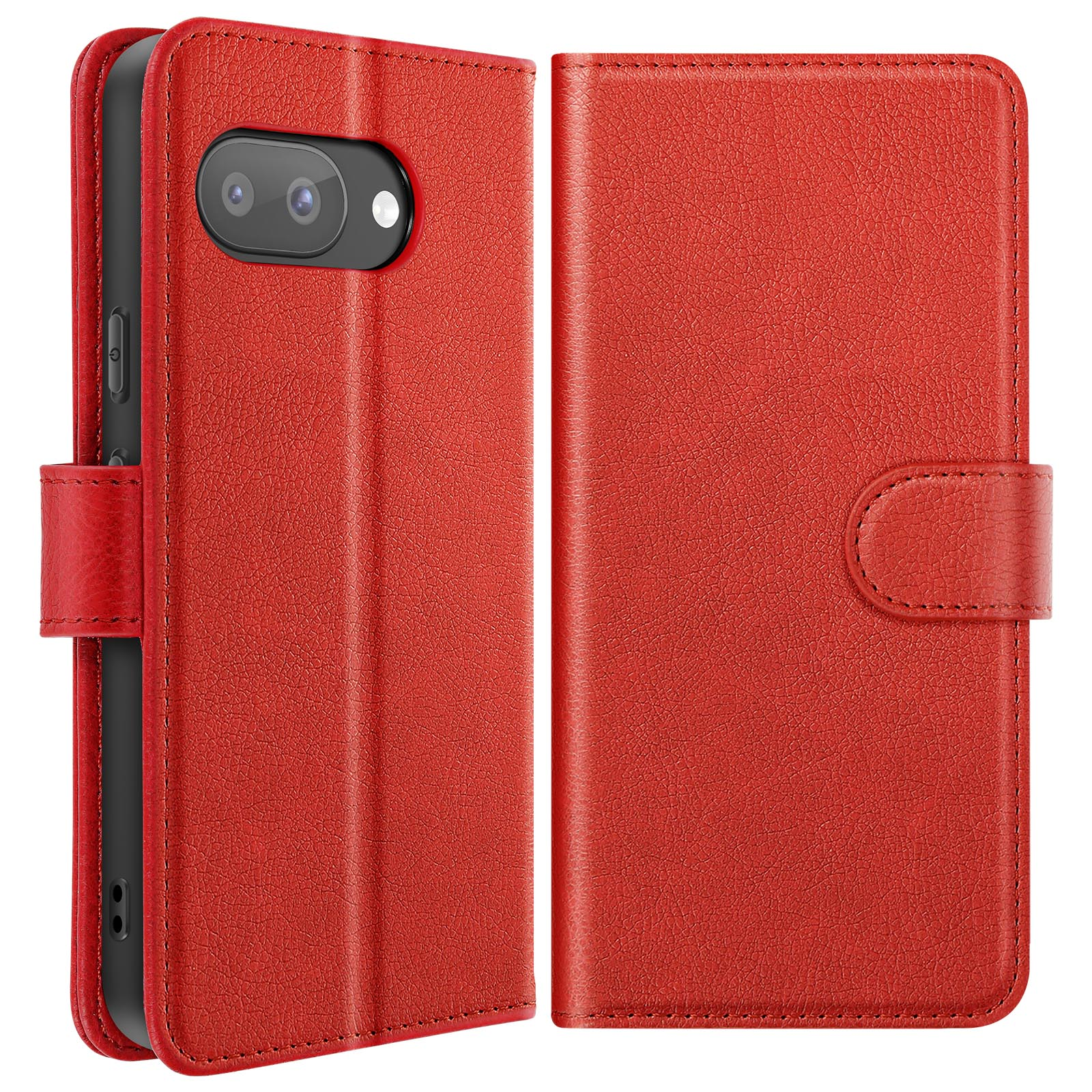 Custodia rossa per telefono aperta e chiusa, con telefono nella custodia aperta.