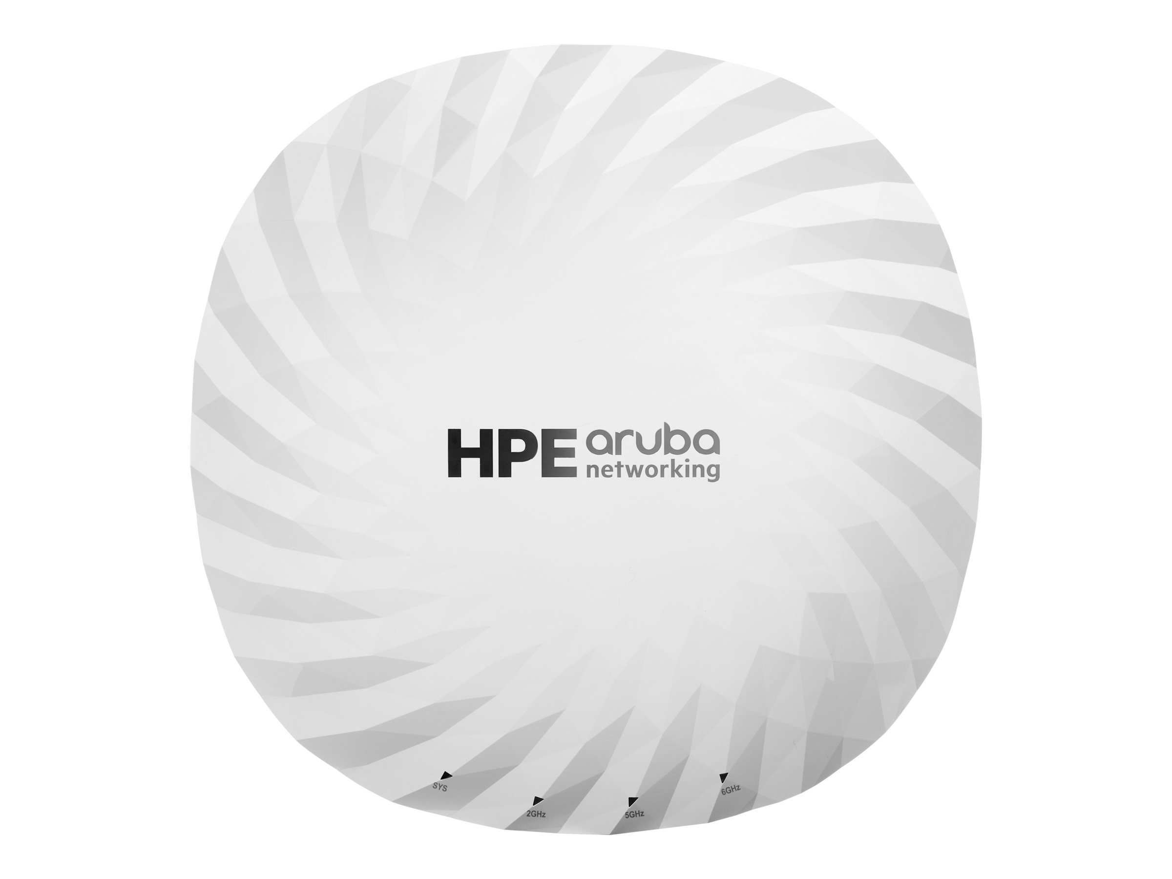 Weißes HPE Aruba Netzwerkgerät, kreisförmig mit strukturierten konzentrischen Ringen. Das Logo ist sichtbar.