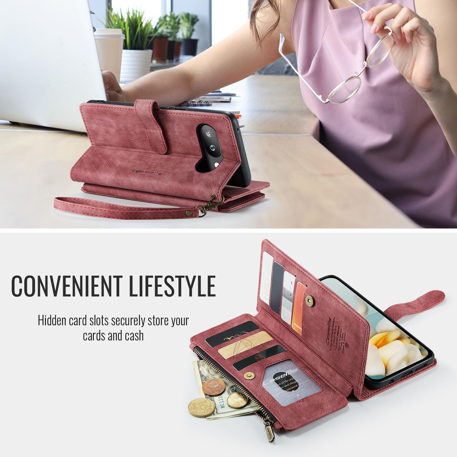 Rote Brieftaschen-Handyhülle mit Telefon, Karten und Geld. Text: Bequemer Lebensstil.