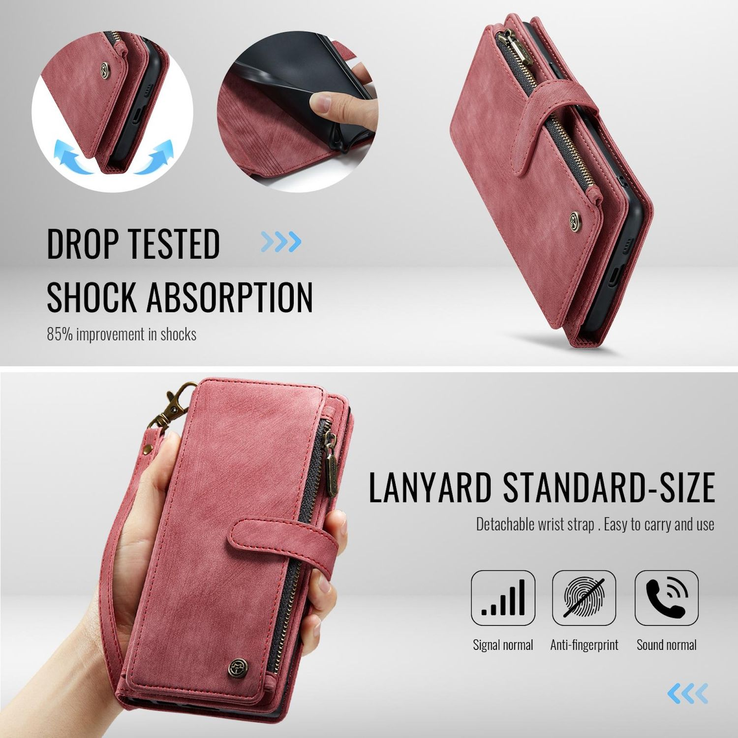 Rosa Handyhülle im Wallet-Design. Mit Reißverschlüssen, Kartenfächern und Handschlaufe. Das Telefon ist drin.