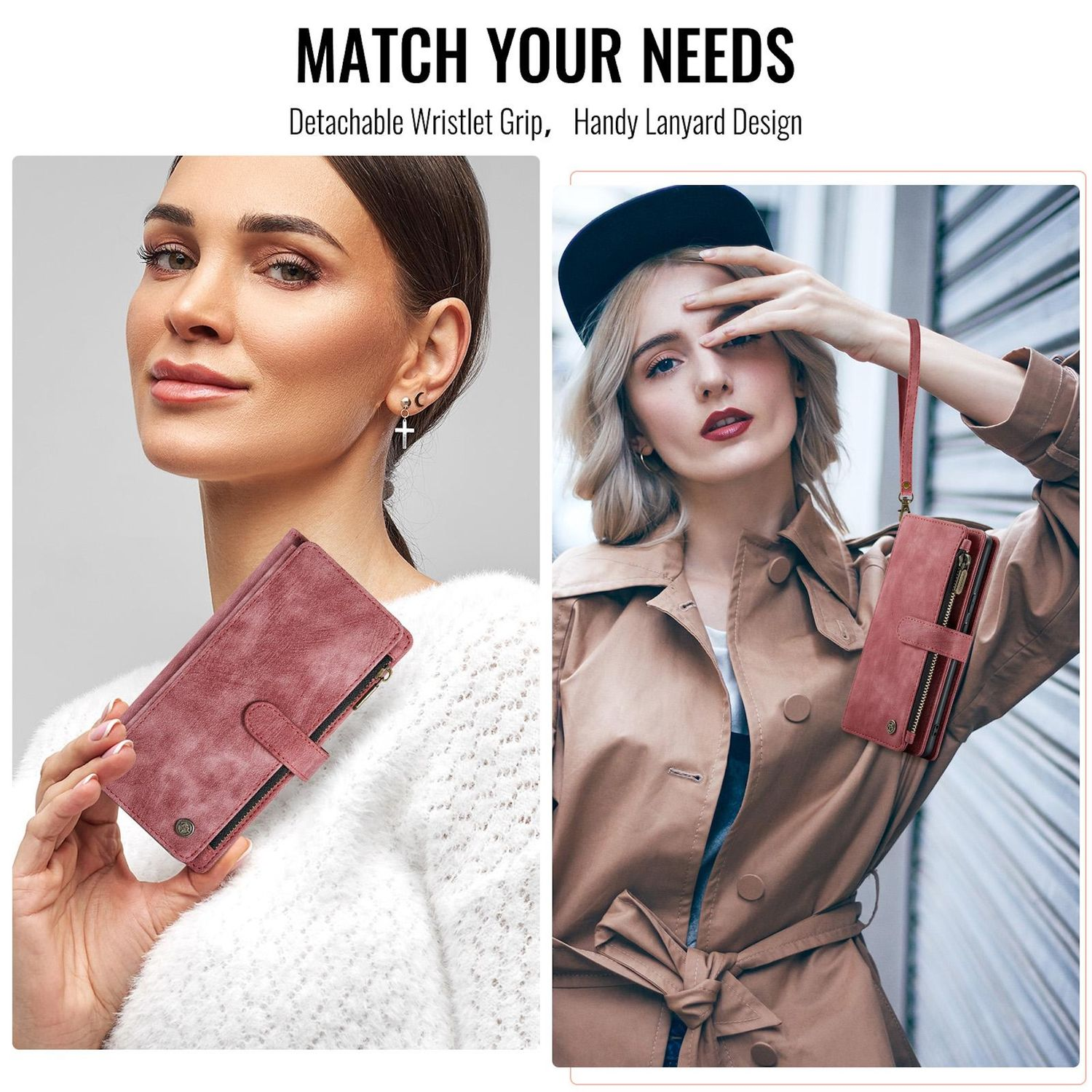 Zwei Frauen halten rosa Handyhüllen im Wallet-Design. Beide haben eine Handschlaufe.