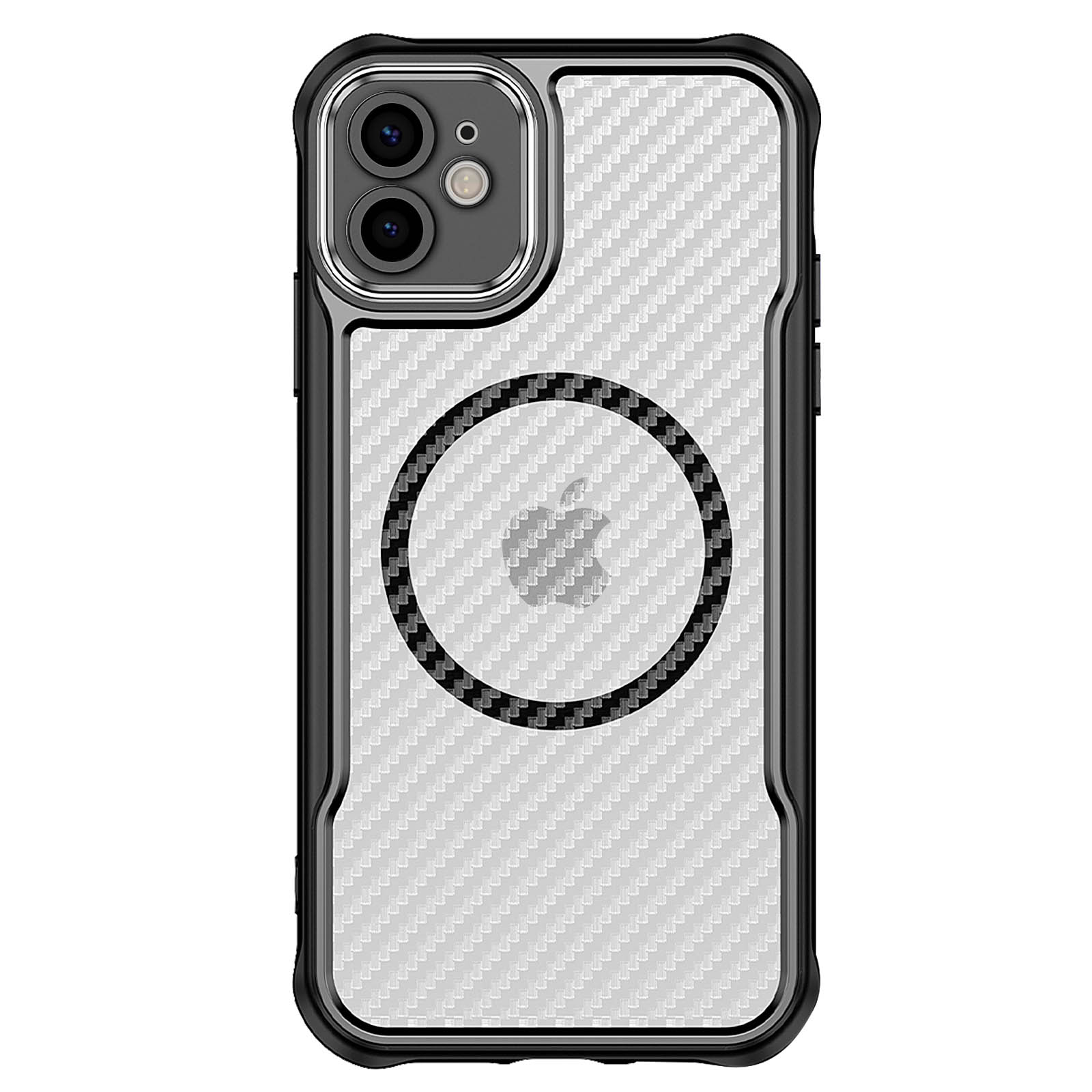 Una custodia per telefono nera con un design in fibra di carbonio attorno alla fotocamera e retro bianco.