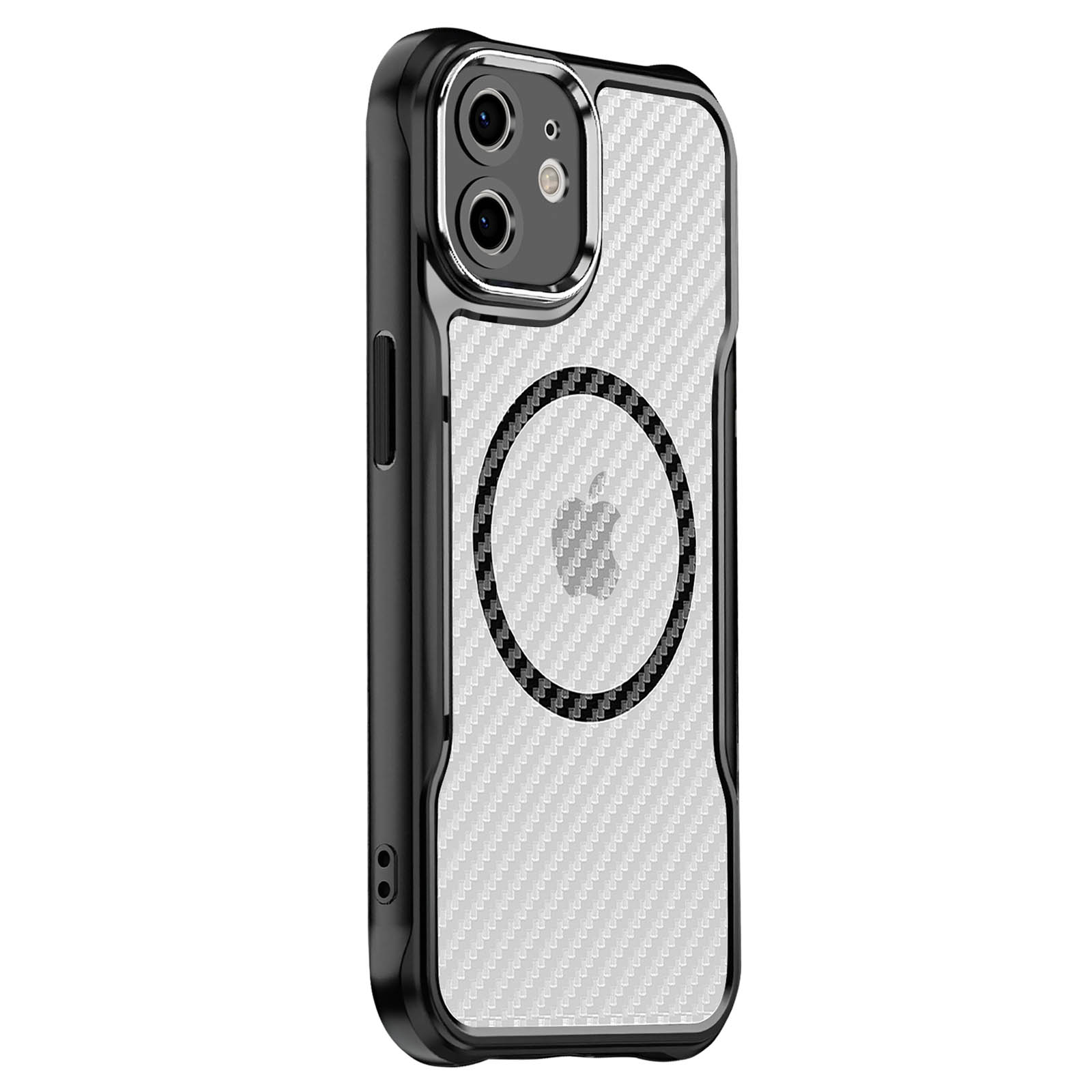 Custodia per telefono bianca e nera con fotocamera e anello nero, trama fibra di carbonio.