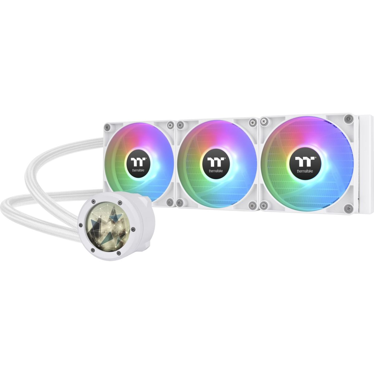Three white computer fans with colorful lights and a water cooling unit. White background.