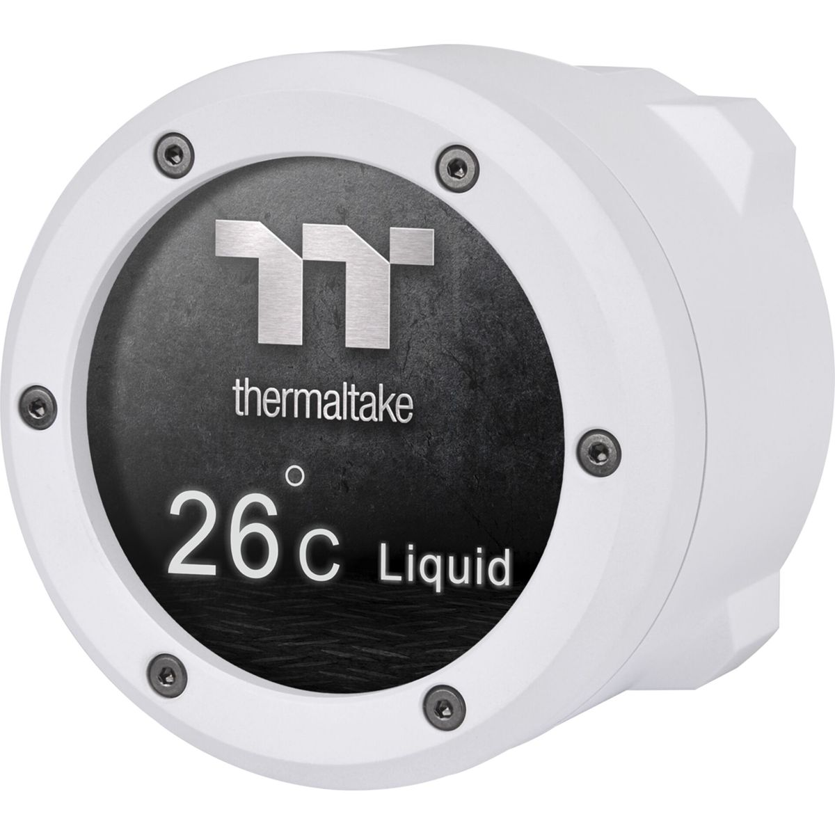 White circular device with a black center showing the word Thermaltake and liquid temperature.