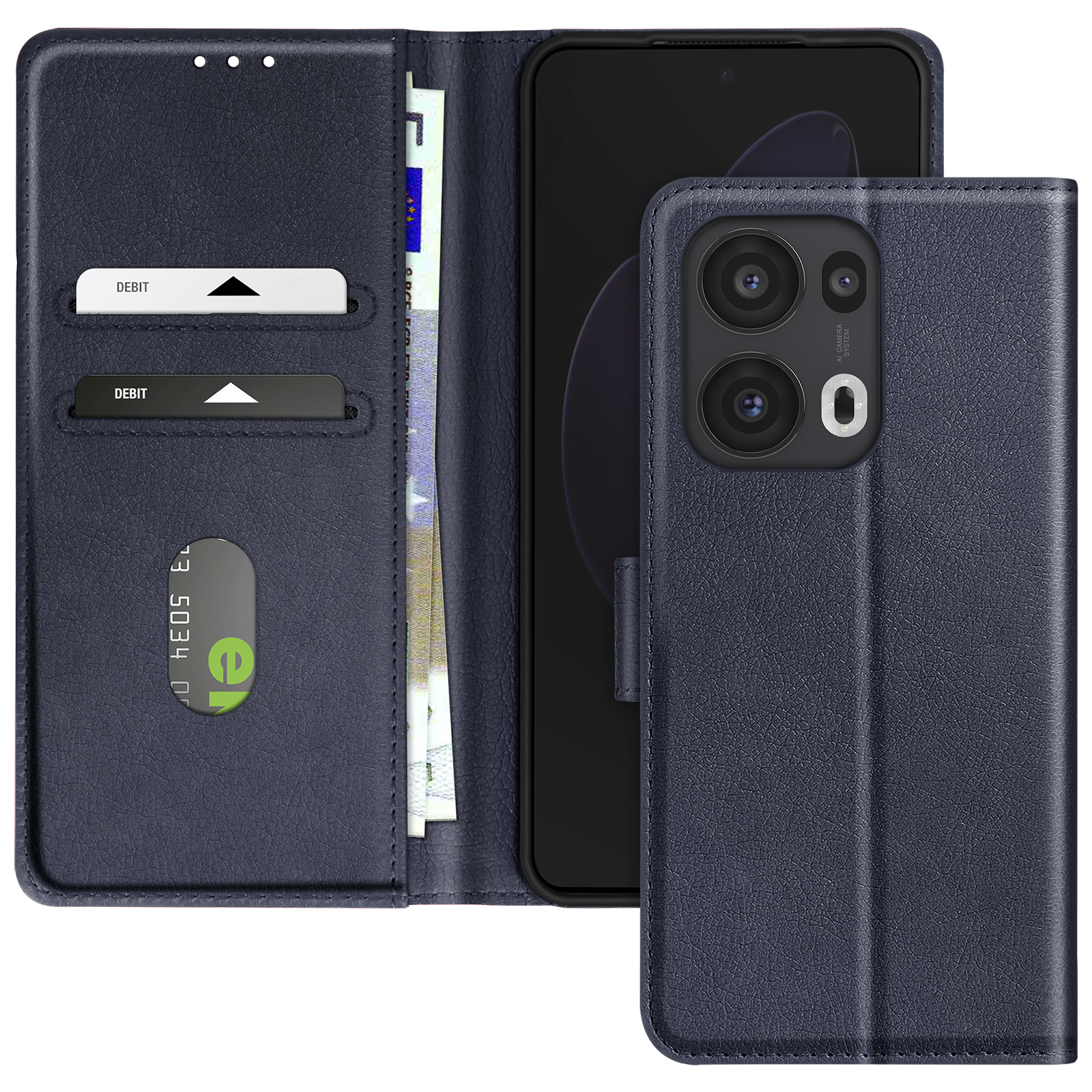 Eine dunkelblaue Handyhülle, geöffnet, mit EC-Karten und Geld darin. Das Telefon ist sichtbar.