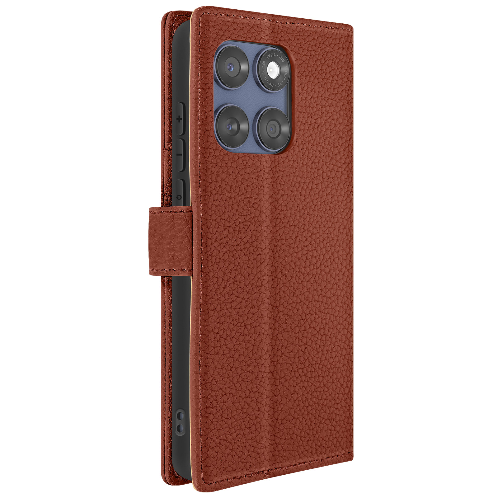 Una custodia per telefono in pelle marrone, aperta, che mostra un telefono e gli obiettivi della fotocamera. Primo piano.