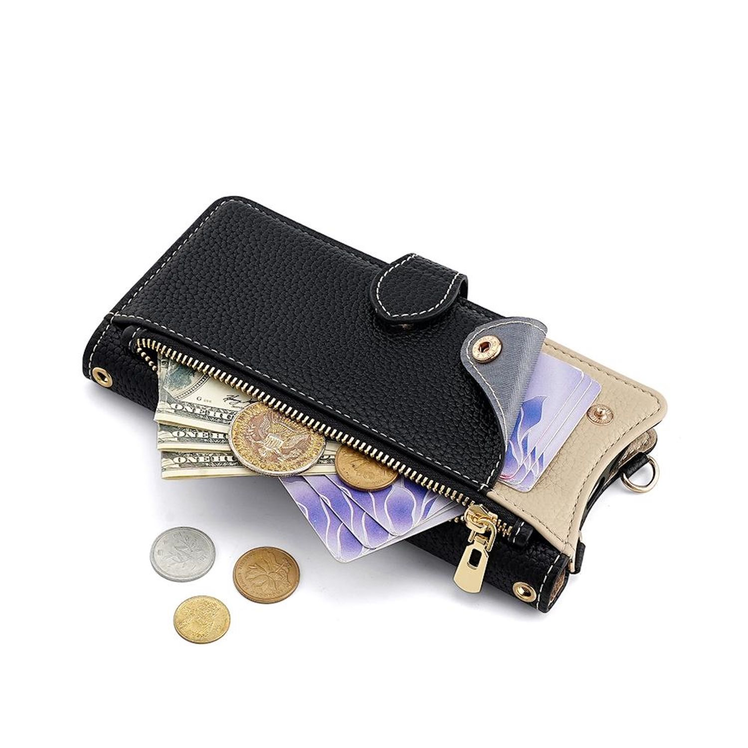 Schwarze Geldbörse mit Reißverschluss, Bargeld, Münzen und Karten. Beige und schwarze Kartenfächer.