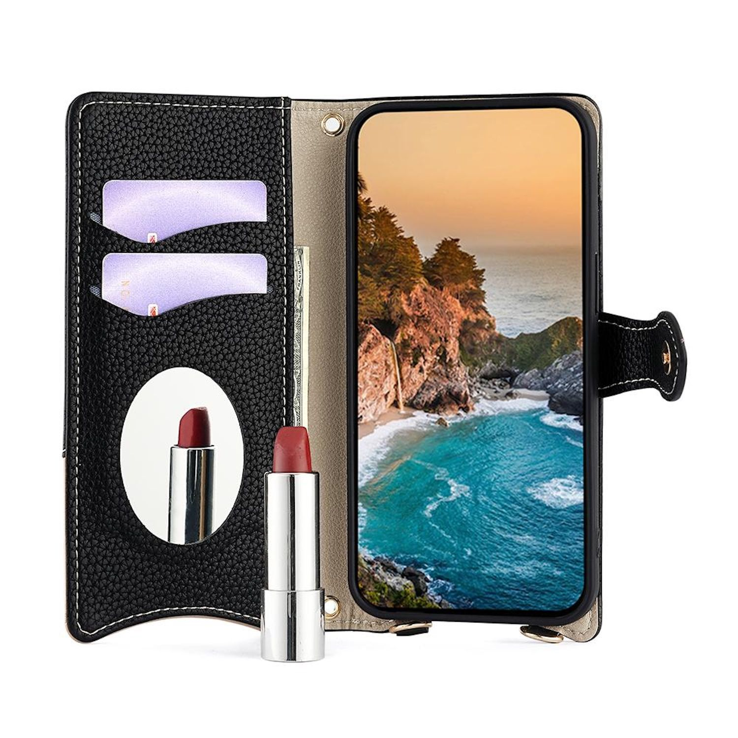 Eine offene Geldbörse mit Telefon, zwei Karten, Geld und zwei Lippenstiften. Der Hintergrund zeigt eine Strandszene.