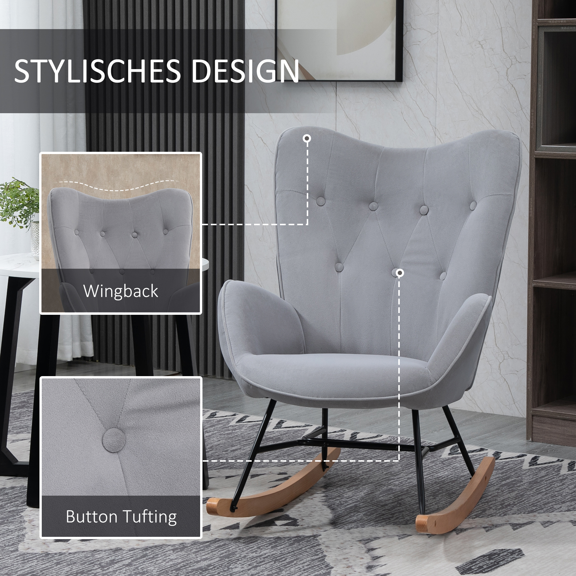 Ein grauer Wingback-Stuhl mit einer knopfgetufteten Rückenlehne. Er steht in einem Raum mit einem Tisch und einem Bücherregal.