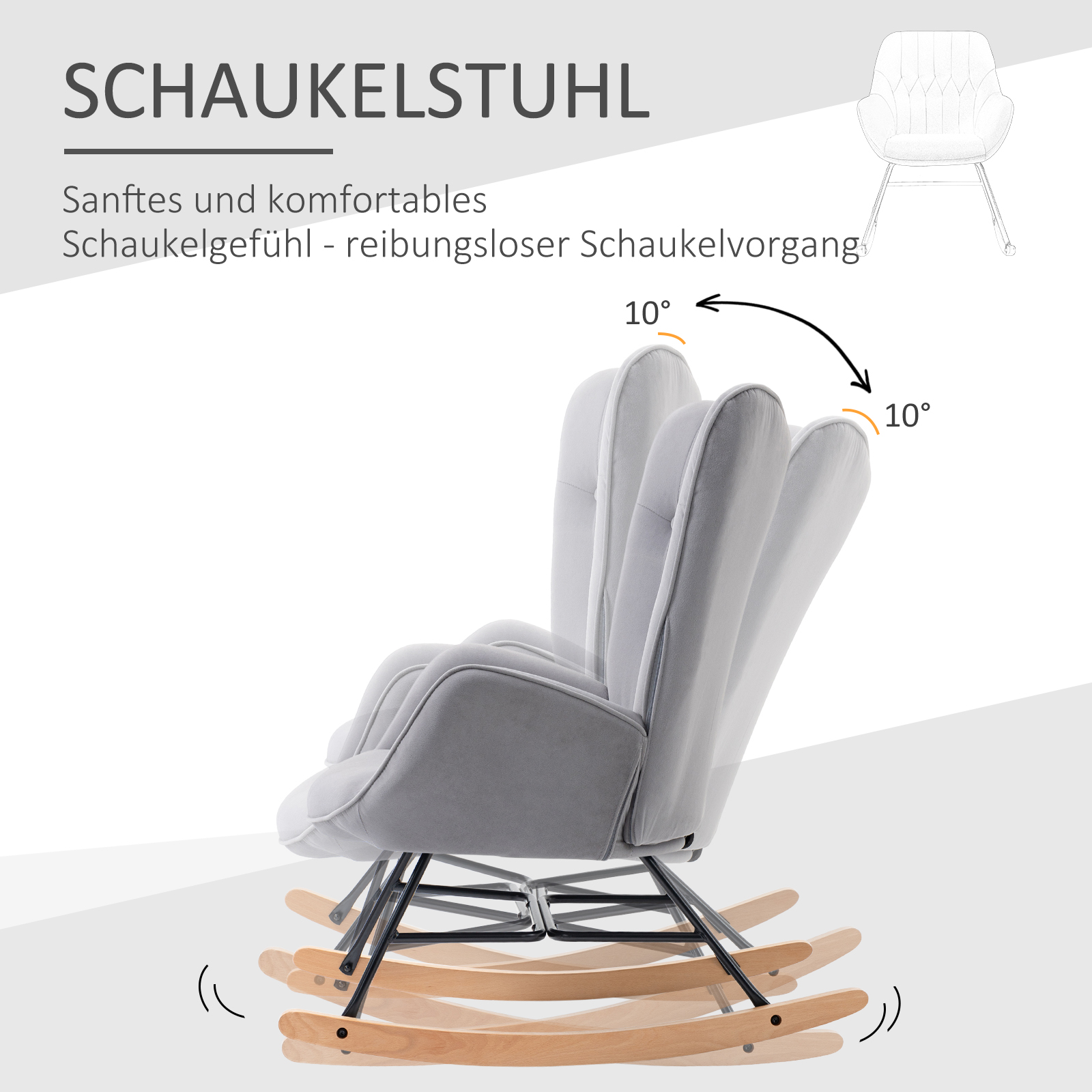 Ein grauer Schaukelstuhl mit Text: 'SCHAUKELSTUHL'. Zeigt Schaukelbewegung mit Pfeilen, die 10 Grad Bewegung anzeigen.