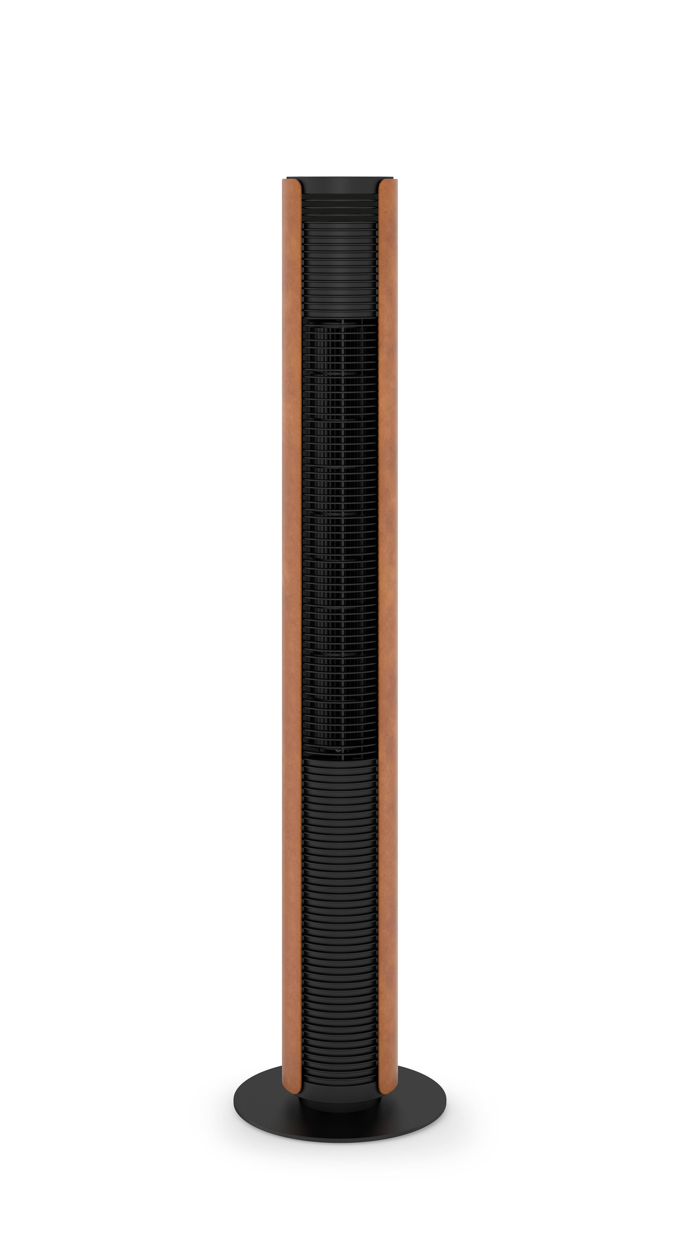 Un purificateur d'air haut, marron et noir sur fond blanc, vu de face.