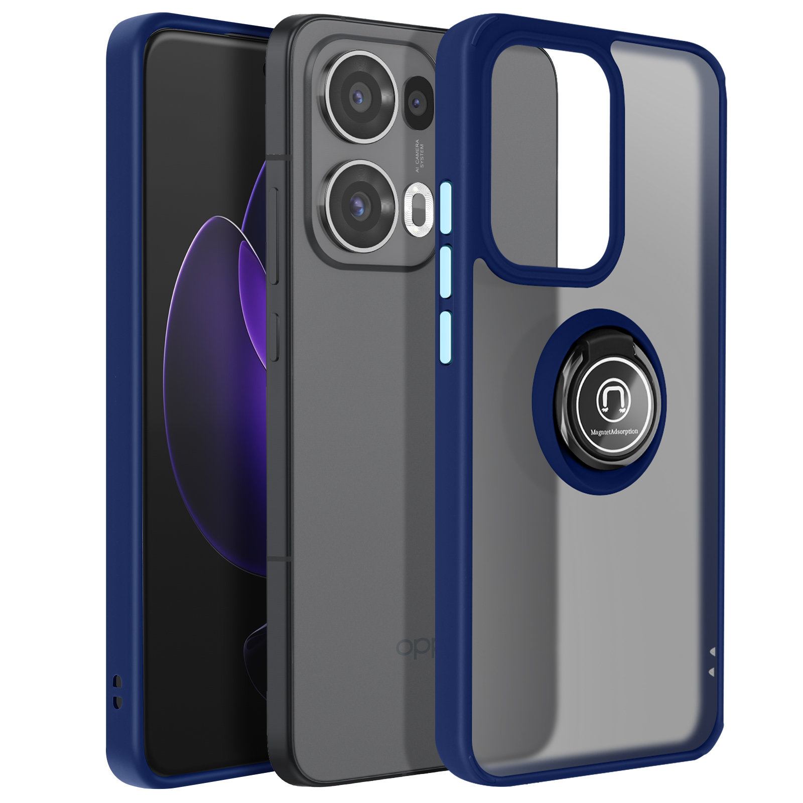 Tre custodie per telefono. Una blu, una nera e trasparente e una trasparente con anello. Tutte nel fotogramma.
