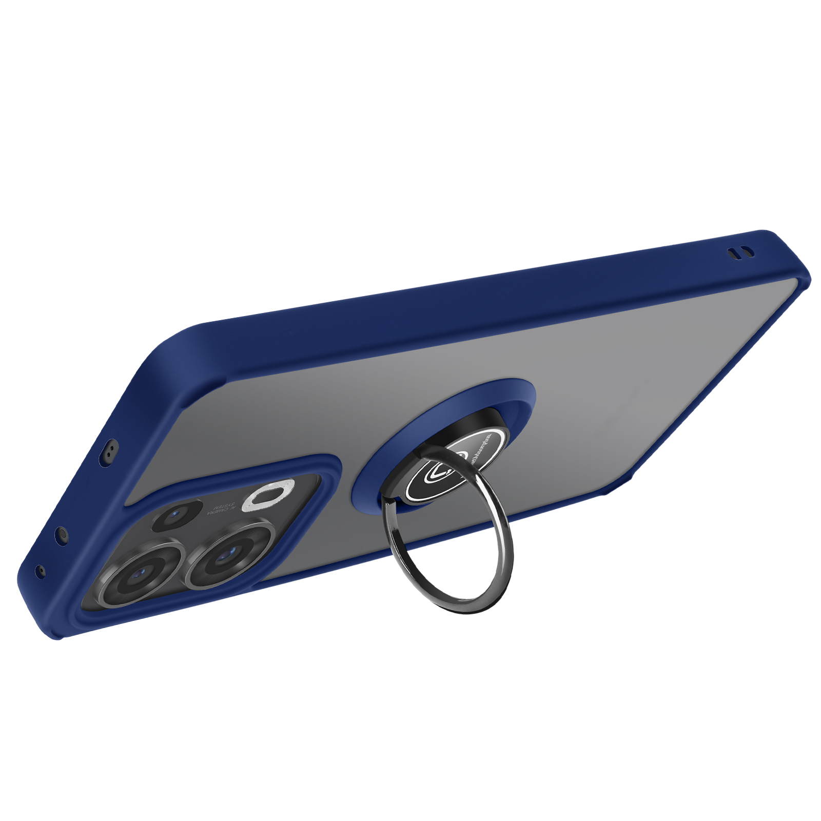 Una custodia per telefono con cornice blu, retro trasparente e supporto ad anello, leggermente angolata.