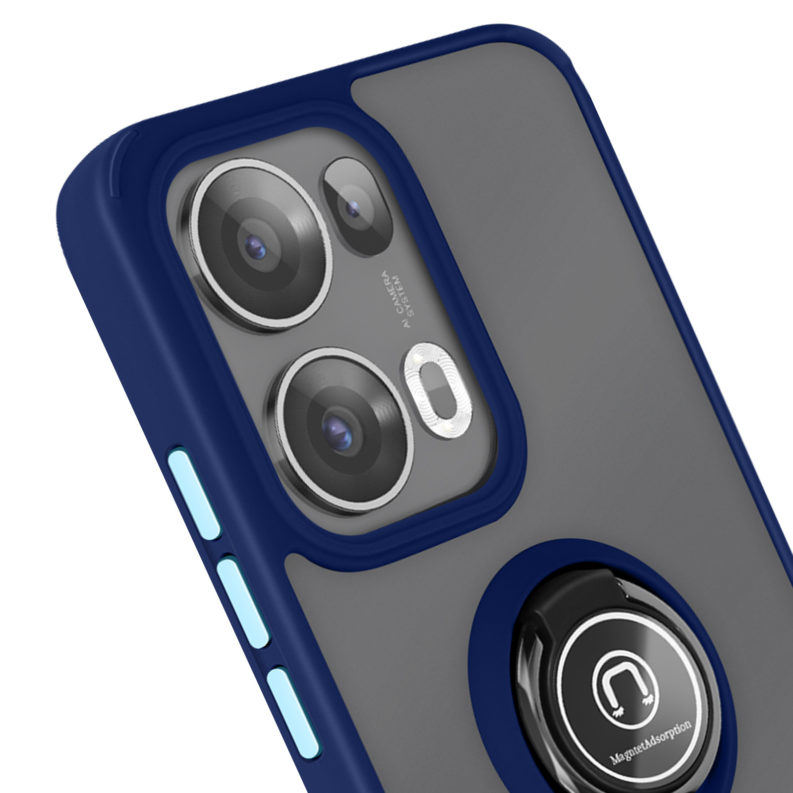 Primo piano di una custodia per telefono con cornice blu e grigia, più lenti e un anello di supporto.