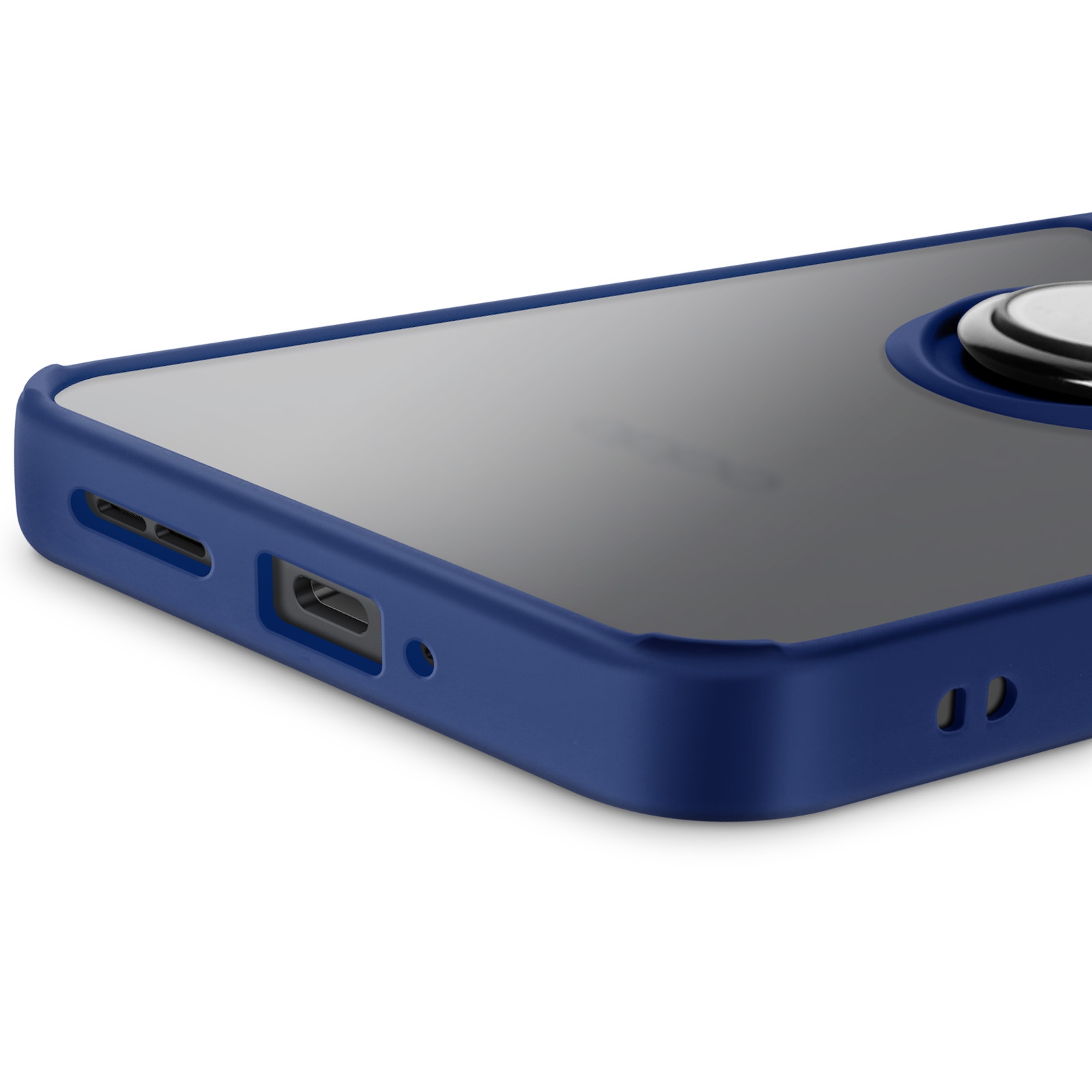 Custodia blu per telefono, parzialmente visibile. La custodia ha un anello di supporto sul retro e copre i bordi del telefono.