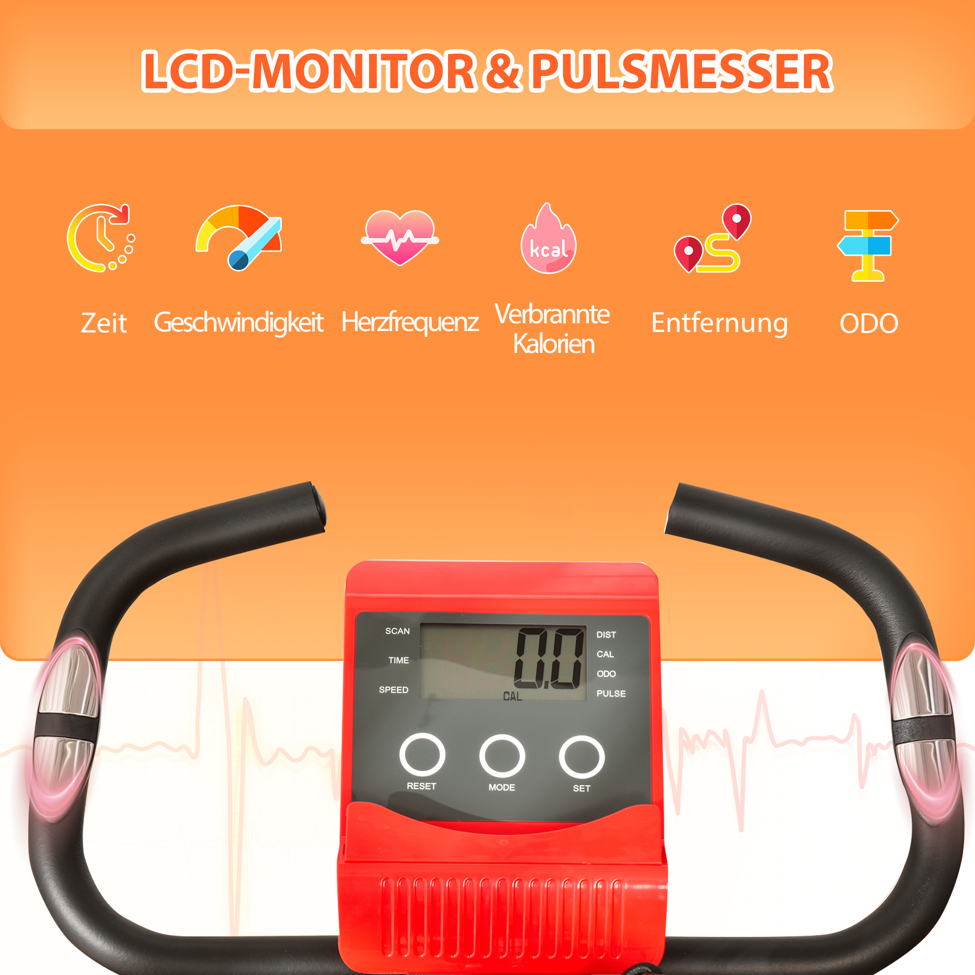Nahaufnahme des Monitors eines roten Heimtrainers mit verschiedenen Symbolen und Text auf Deutsch.