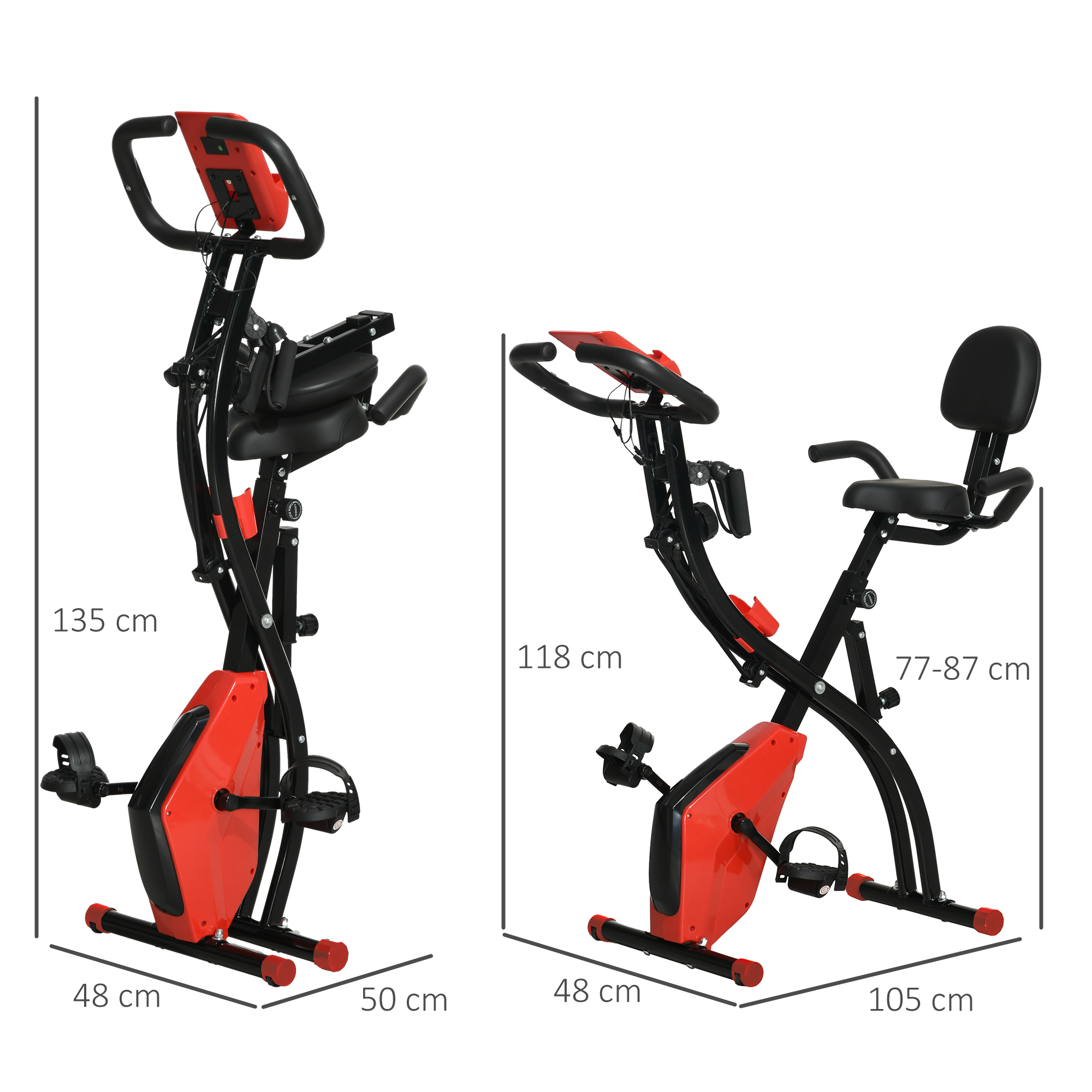 Rot-schwarzes, zusammenklappbares Trainingsfahrrad, zwei Ansichten nebeneinander, mit Maßangaben.