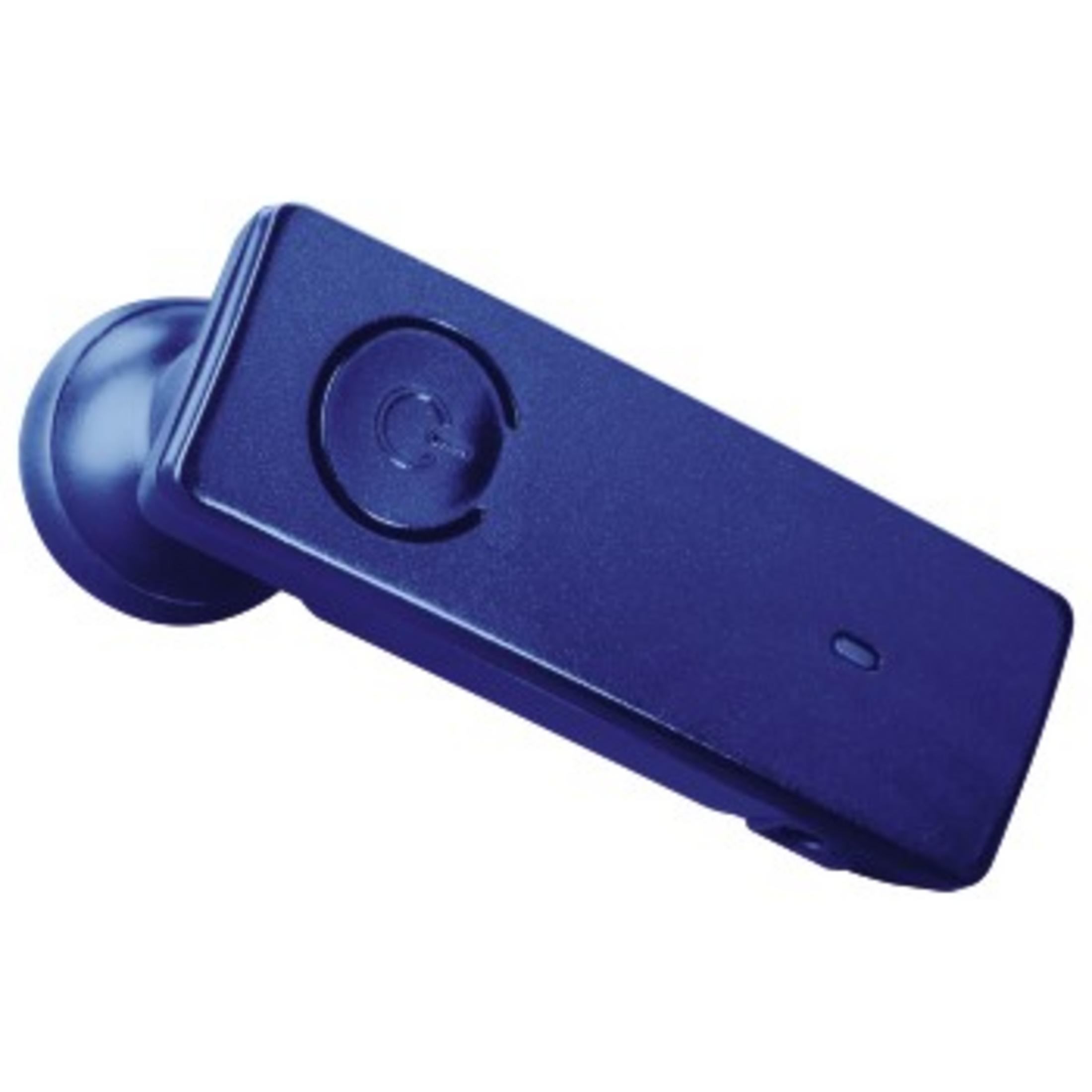 Blaues Bluetooth-Headset mit rundem Ohrhörer und rechteckigem Gehäuse.