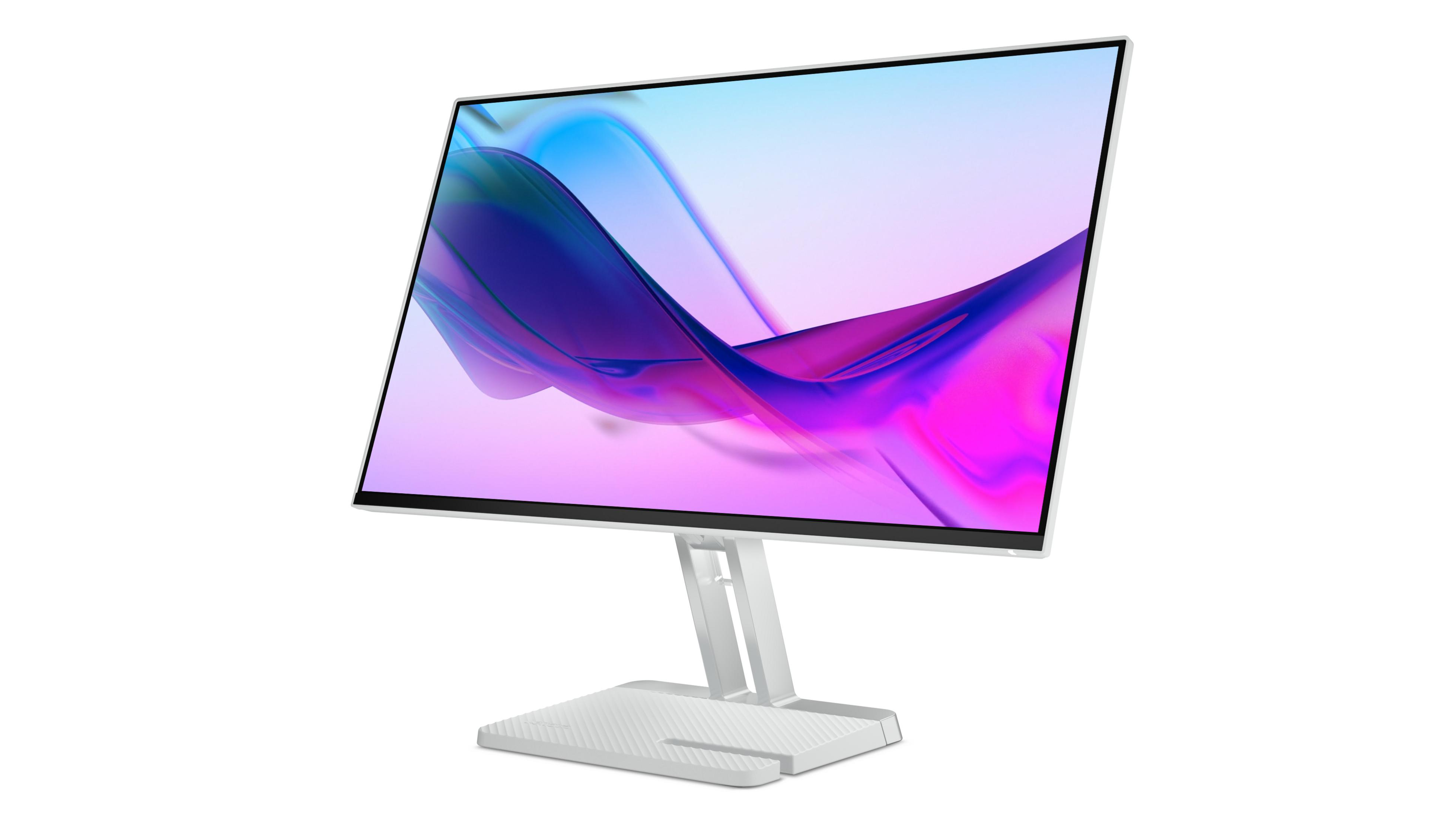 Moderner Computermonitor mit weißem Ständer, schräge Ansicht, weißer Hintergrund.