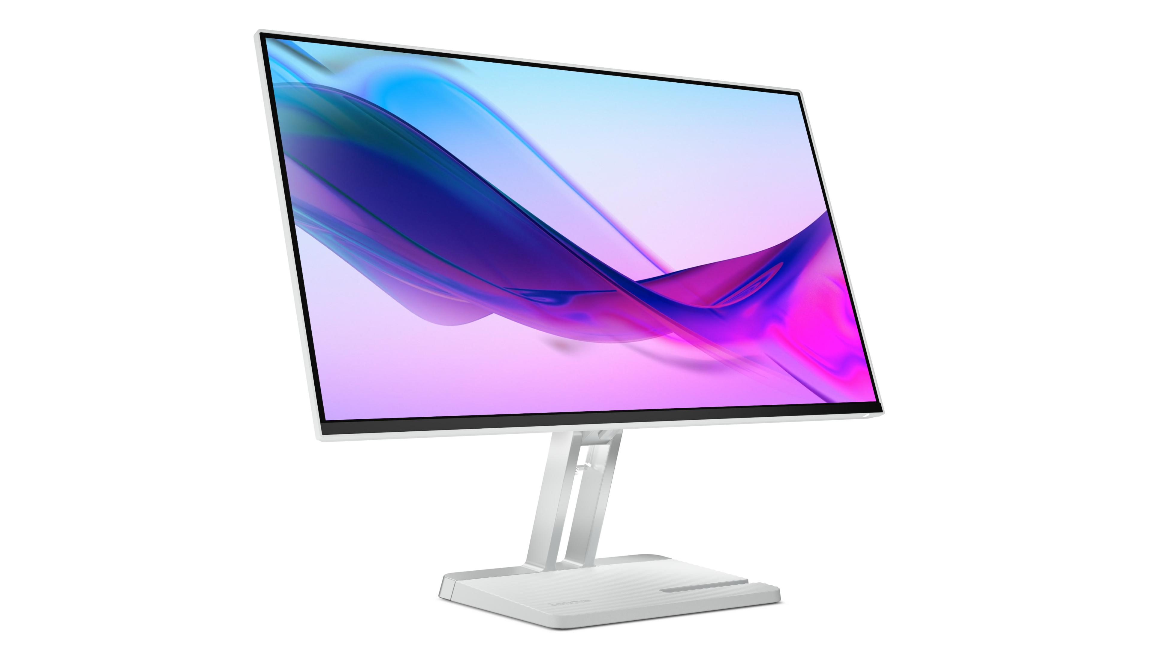 Moderner Computermonitor mit weißem Ständer, schräge Ansicht, weißer Hintergrund.