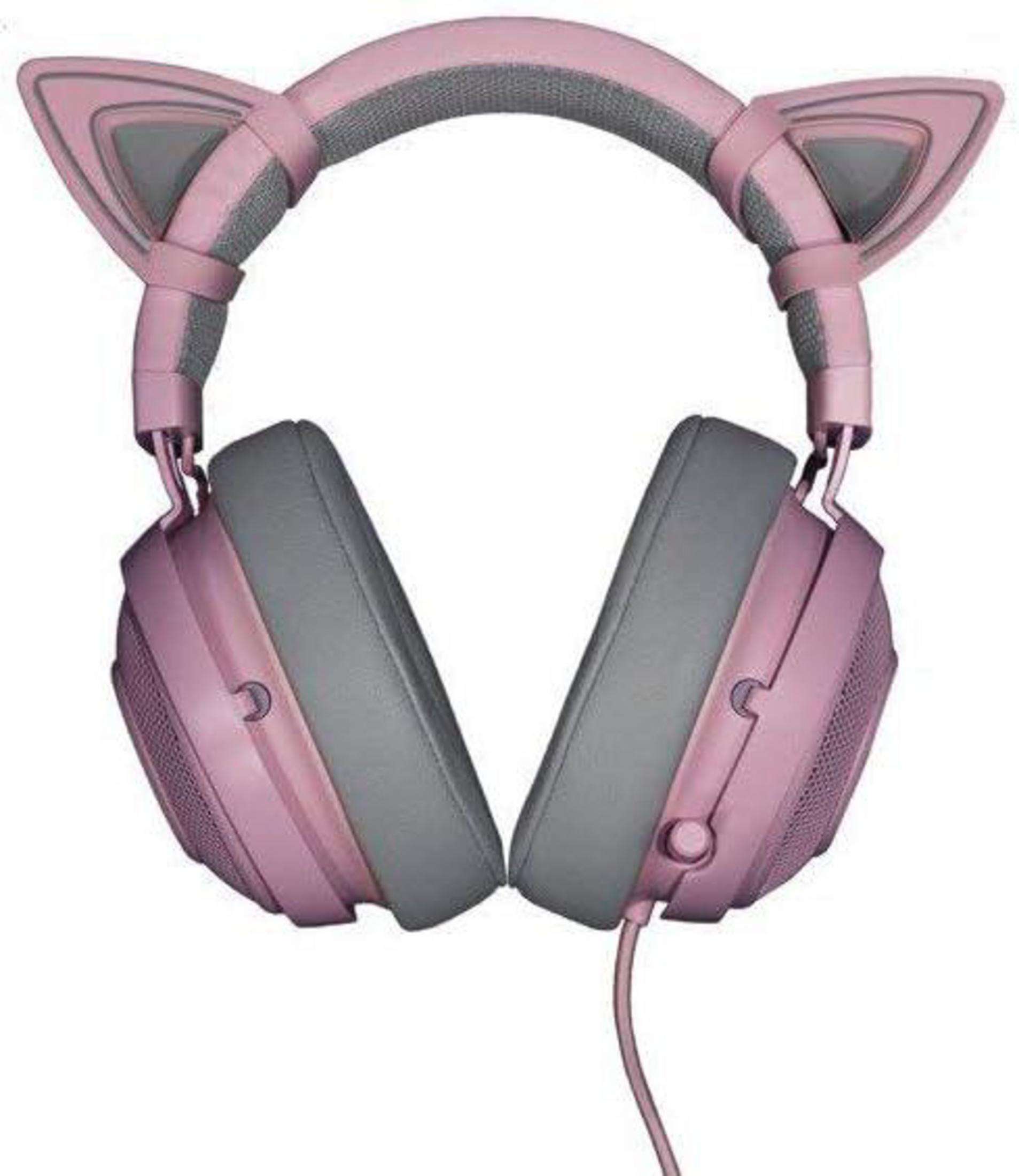 Pinke Katzenohrkopfhörer. Graue Ohrpolster. Schwarzes Kabel. Ein rosa-graues Farbschema.