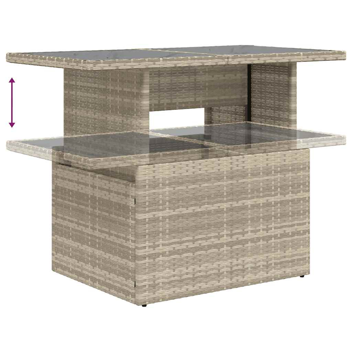Rattantisch mit Glasplatte. Höhenverstellbar. Beiges Rattan. Zeigt einen vertikalen Bewegungspfeil.
