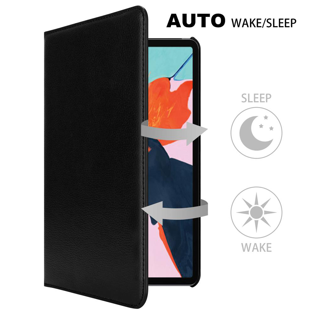 Tablet-Hülle mit Auto-Wake/Sleep-Funktion. Pfeile zeigen Öffnungs-/Schließaktionen mit Symbolen.