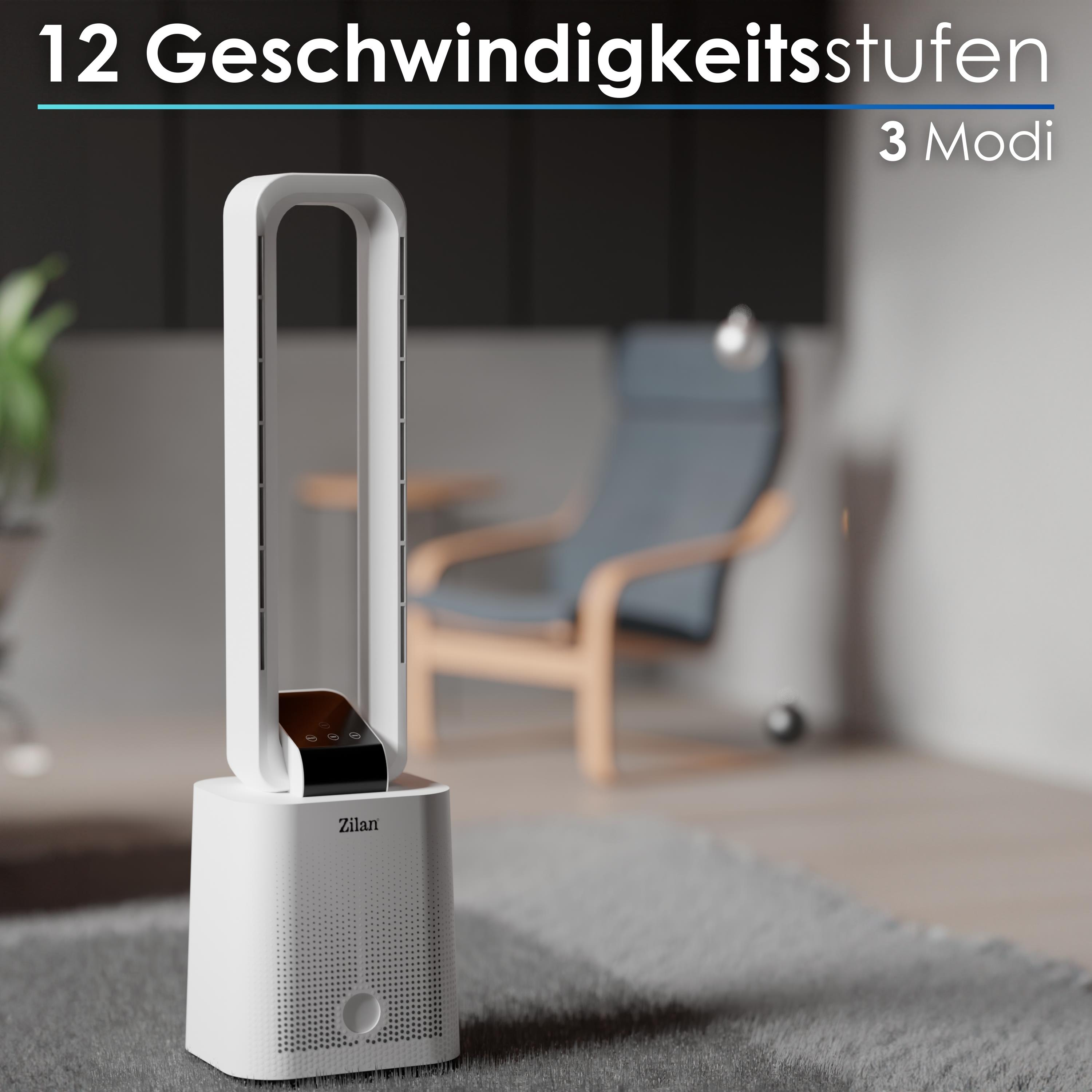 Weißer Turmventilator mit schwarzem Bedienfeld. Text oben: '12 Geschwindigkeitsstufen 3 Modi'. Grauer Teppich.